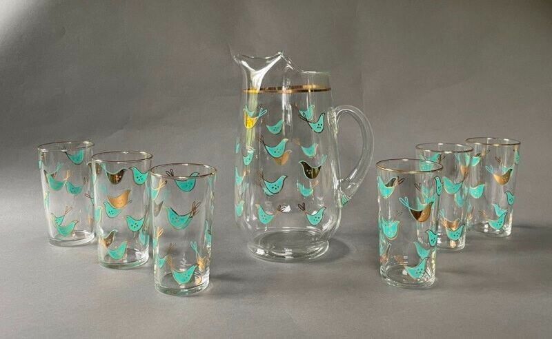 1950s Glass MID-CENTURY MODERN Blue & Gold Partridge Iced Tea Lemonade Set MCM