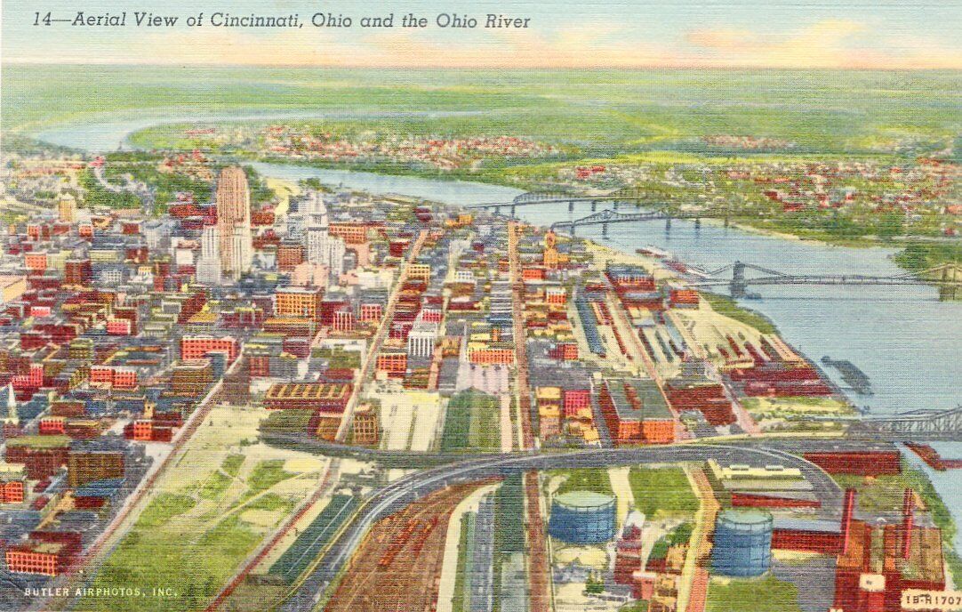 Aerial View Cincinnati and Ohio River Vintage Postcard Birdseye