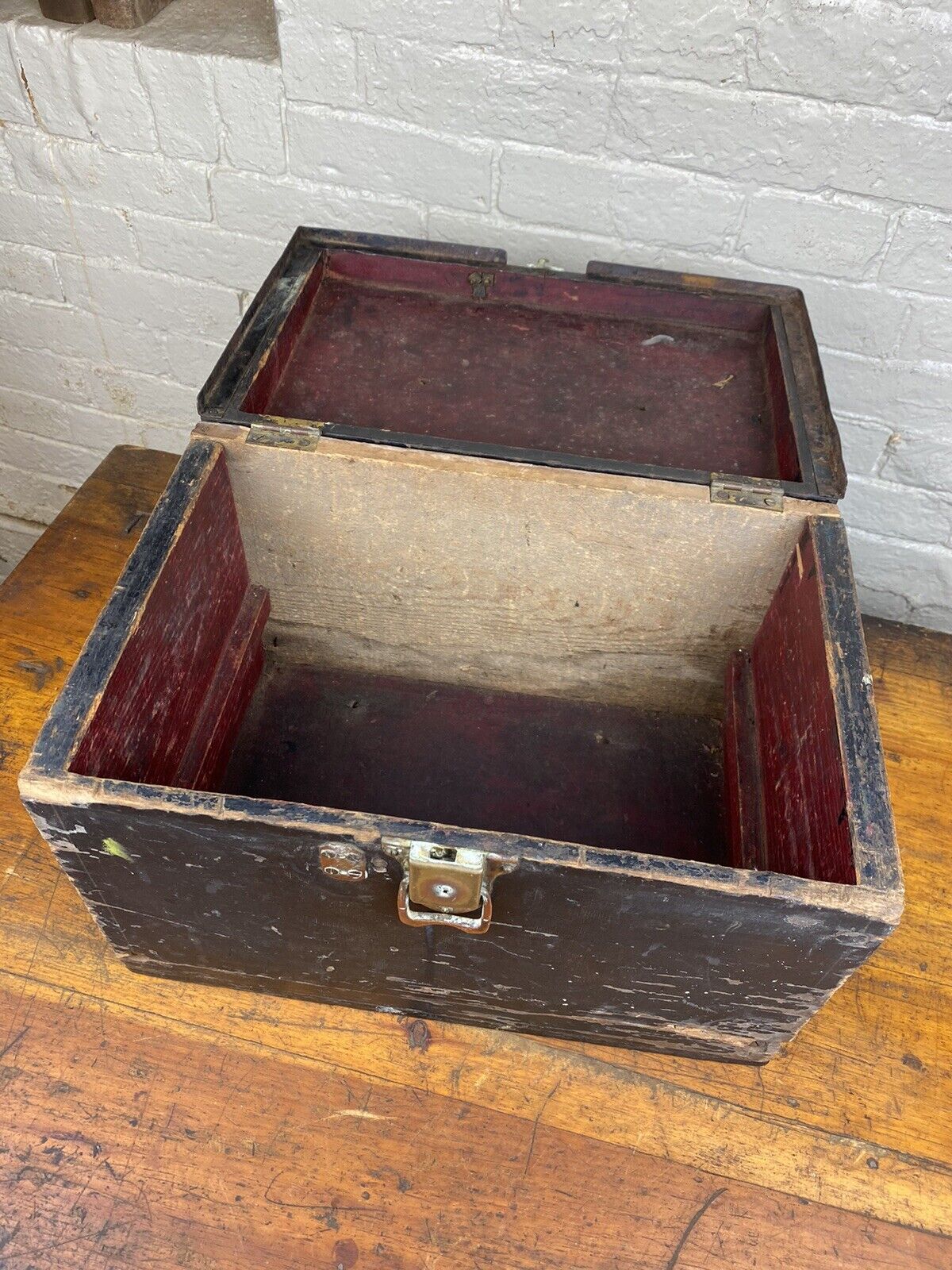 Vintage Wood Slant Top Box w/ Lid ~ Country Storage Box, Brass Latch, Worn Wood