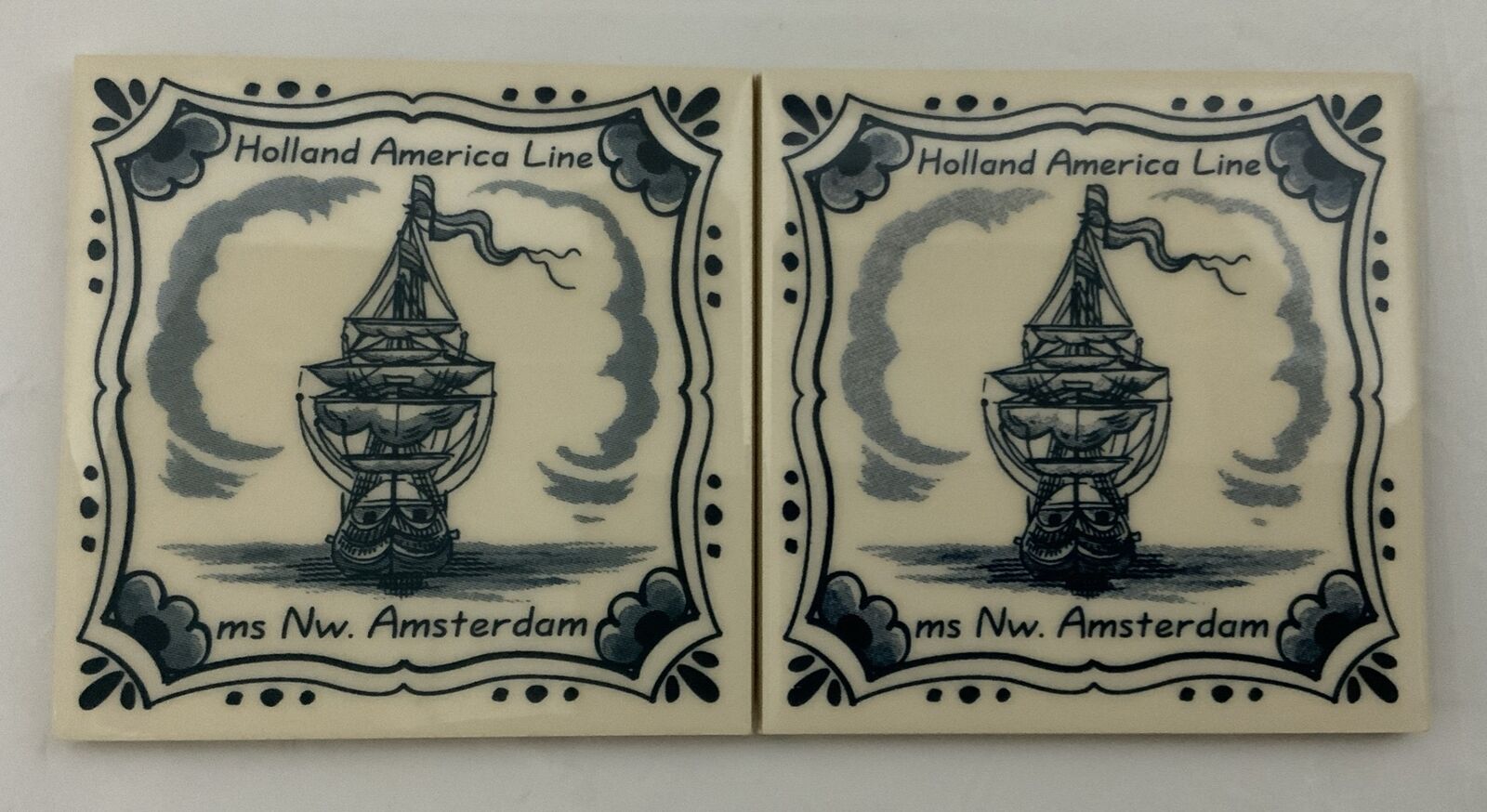 Vintage Delft Holland America Line “Ms Nw. Amsterdam” Ceramic Coaster Pair