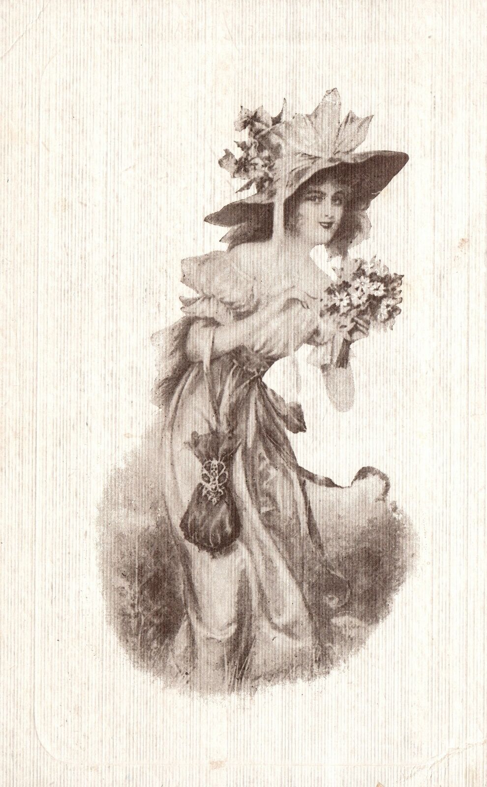Vintage Postcard 1912 Fashion Girl Wearing An Elegant Dress And Head Dress
