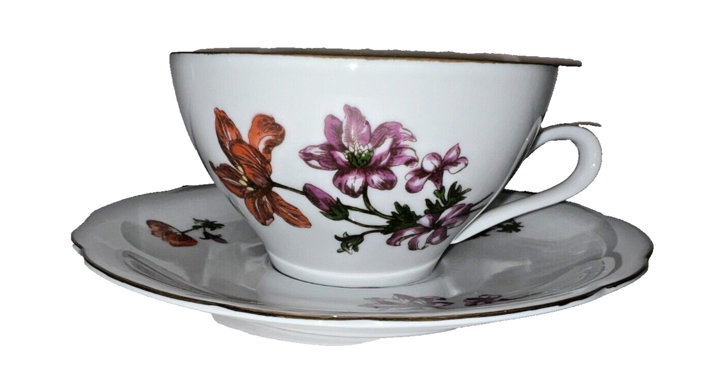 Kahla GDR Porcelain Teacup and Saucer Purple Orange Flowers