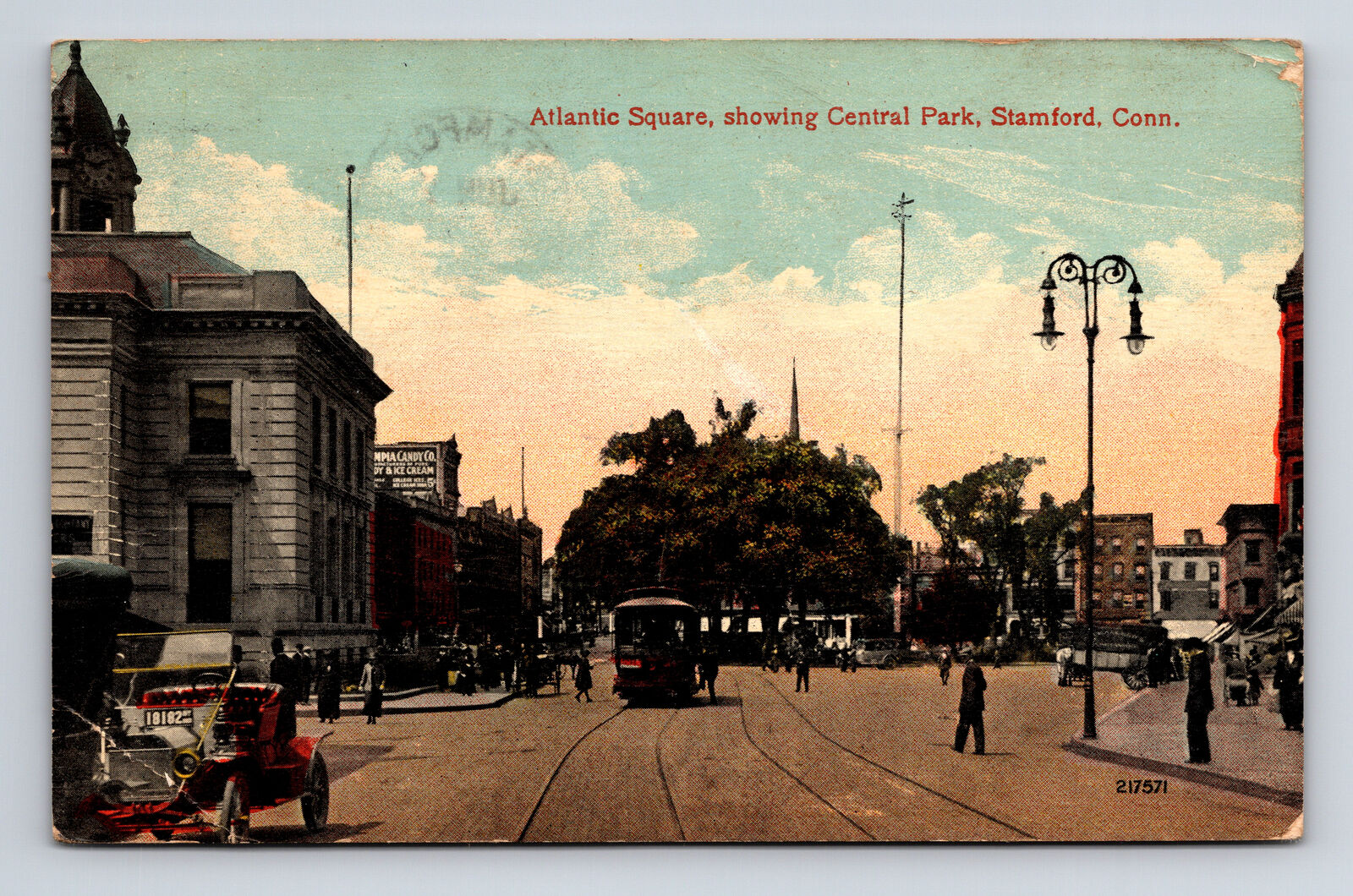 1914 Atlantic Square Trolley Car Stamford CT Postcard