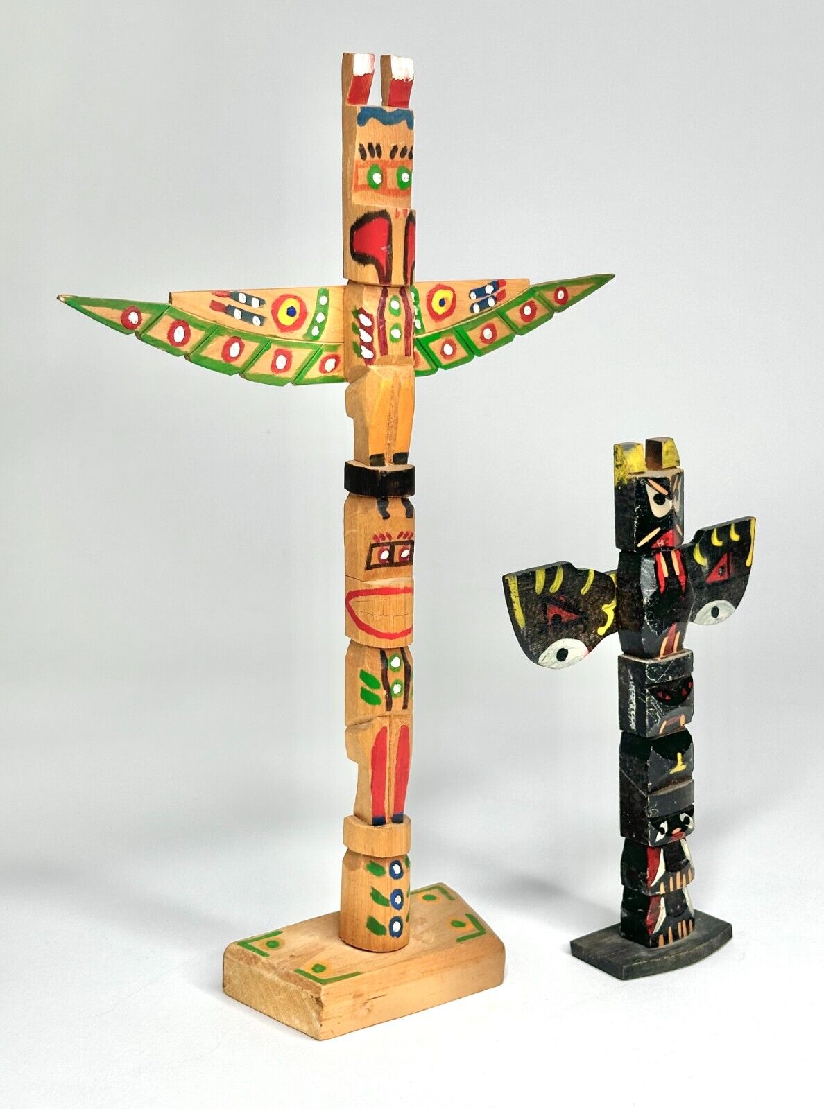 Two Vintage Hand Carved Painted Wood Native Winged Totem Poles  8\