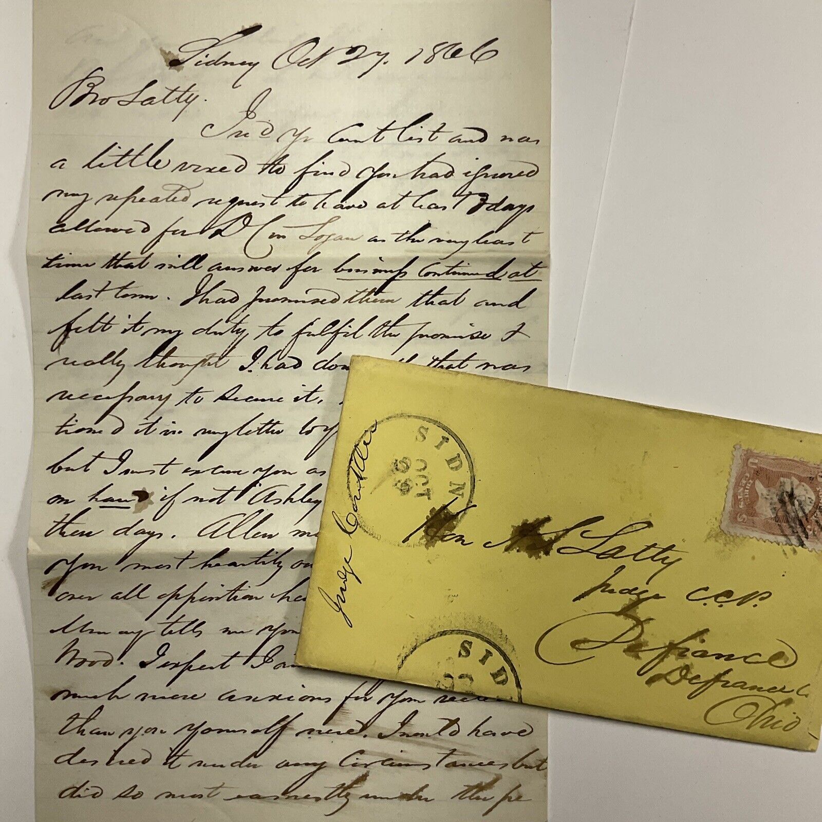 1866 Defiance, Ohio Handwritten Letter Sidney, Ohio Scotts #65 Stamp