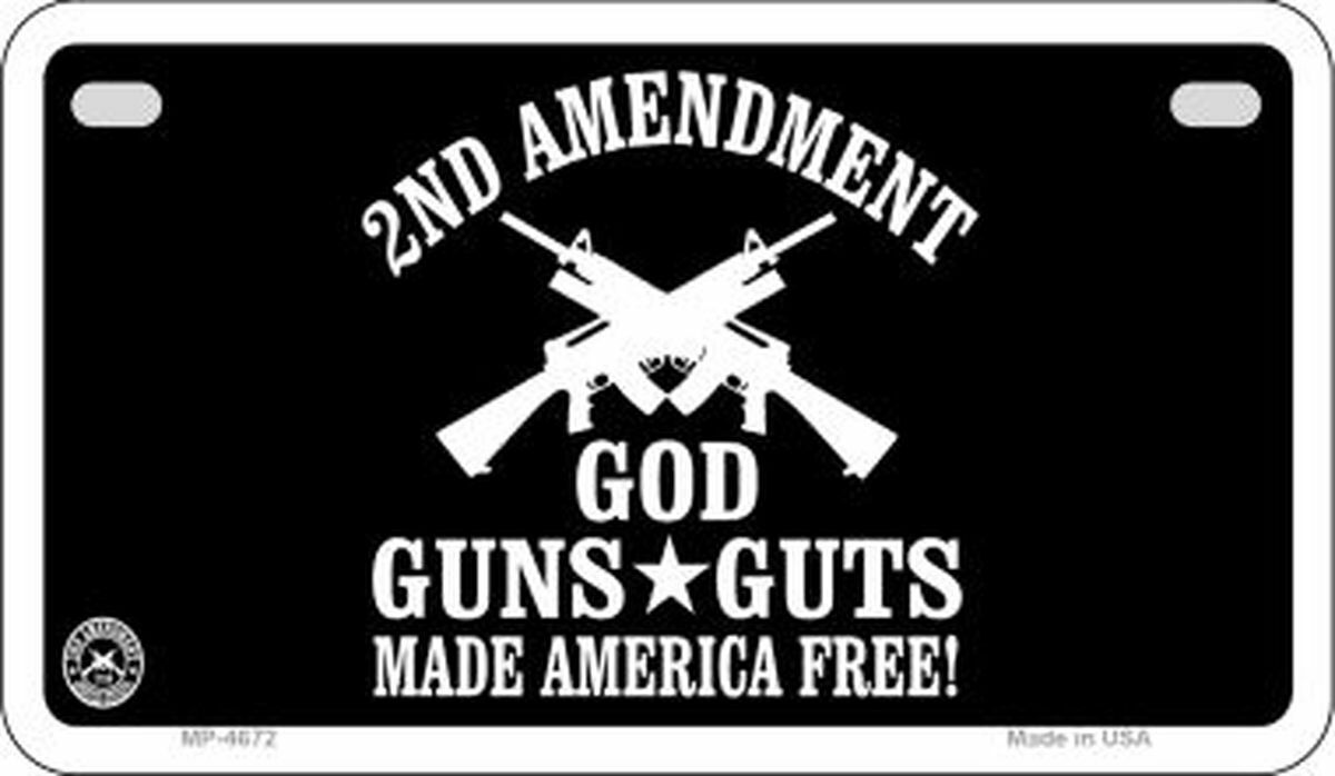 2nd Amendment God Guns & Guts Made America Free Metal Bike License Plate sign