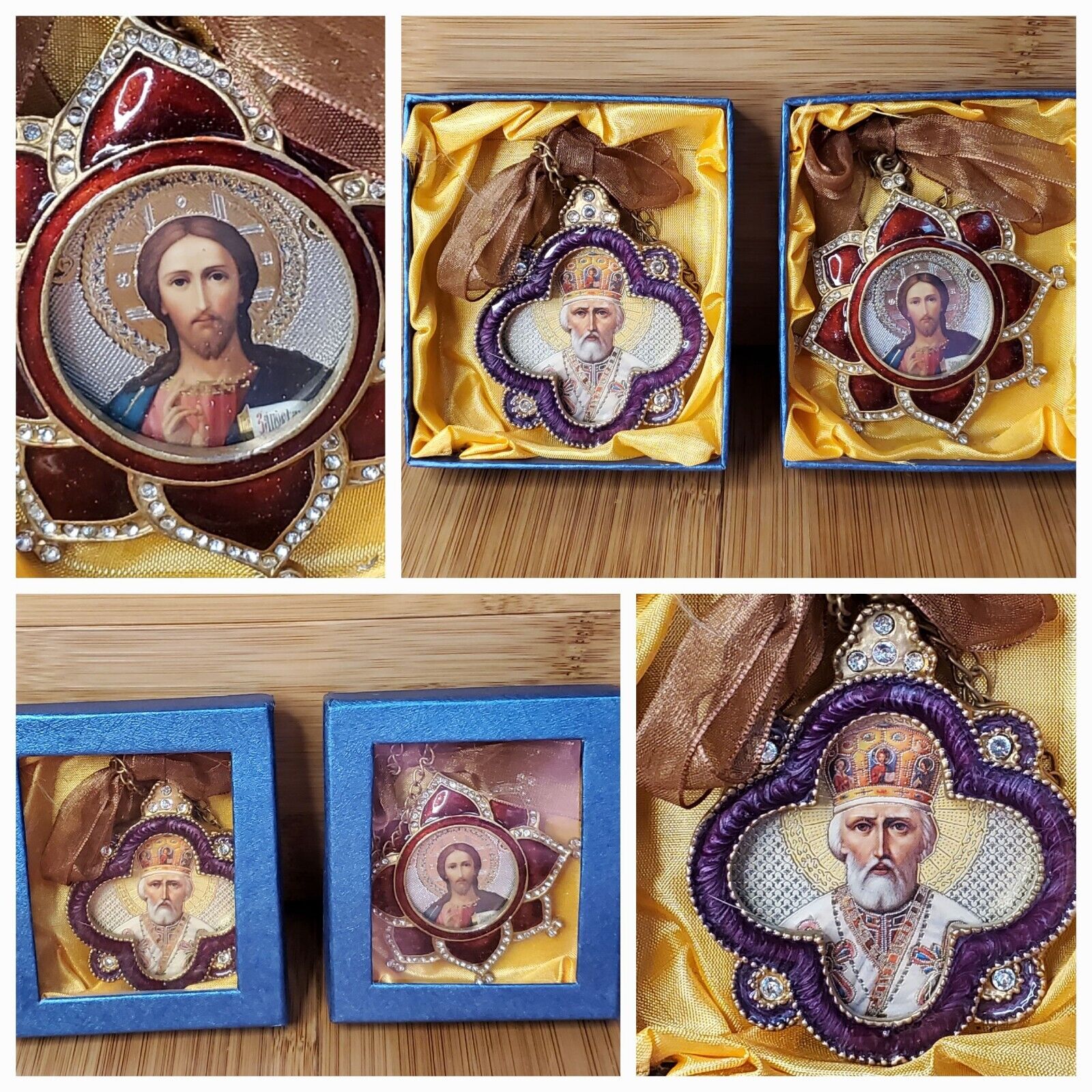 Icon of Jesus Christ & Icon of St. Nicholas Vintage Jewel Wall Pendant Ornament 