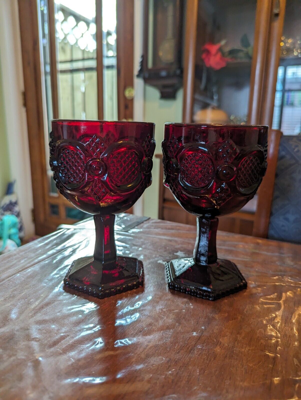Vintage Avon Ruby Red Cape Cod Wine Goblets Barware Glasses 6 Sided Base, Qty 2