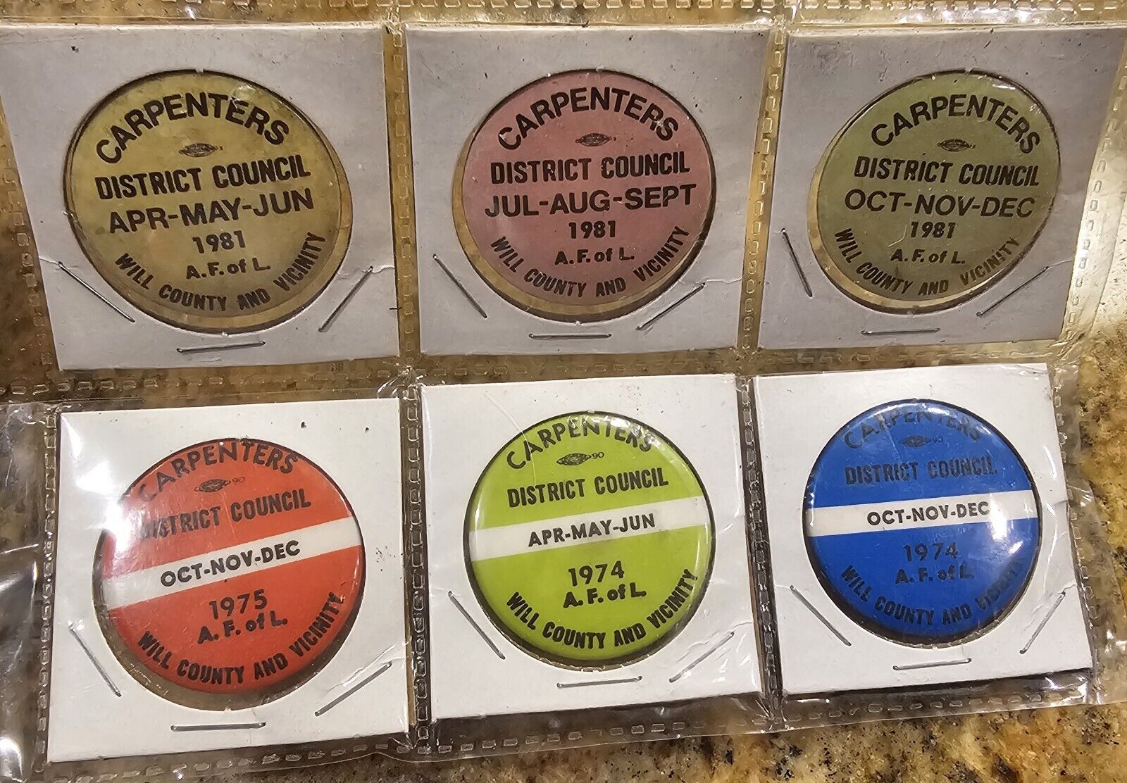 Lot of 6 Vintage Carpenters District Council Union Pins, Will County illinois