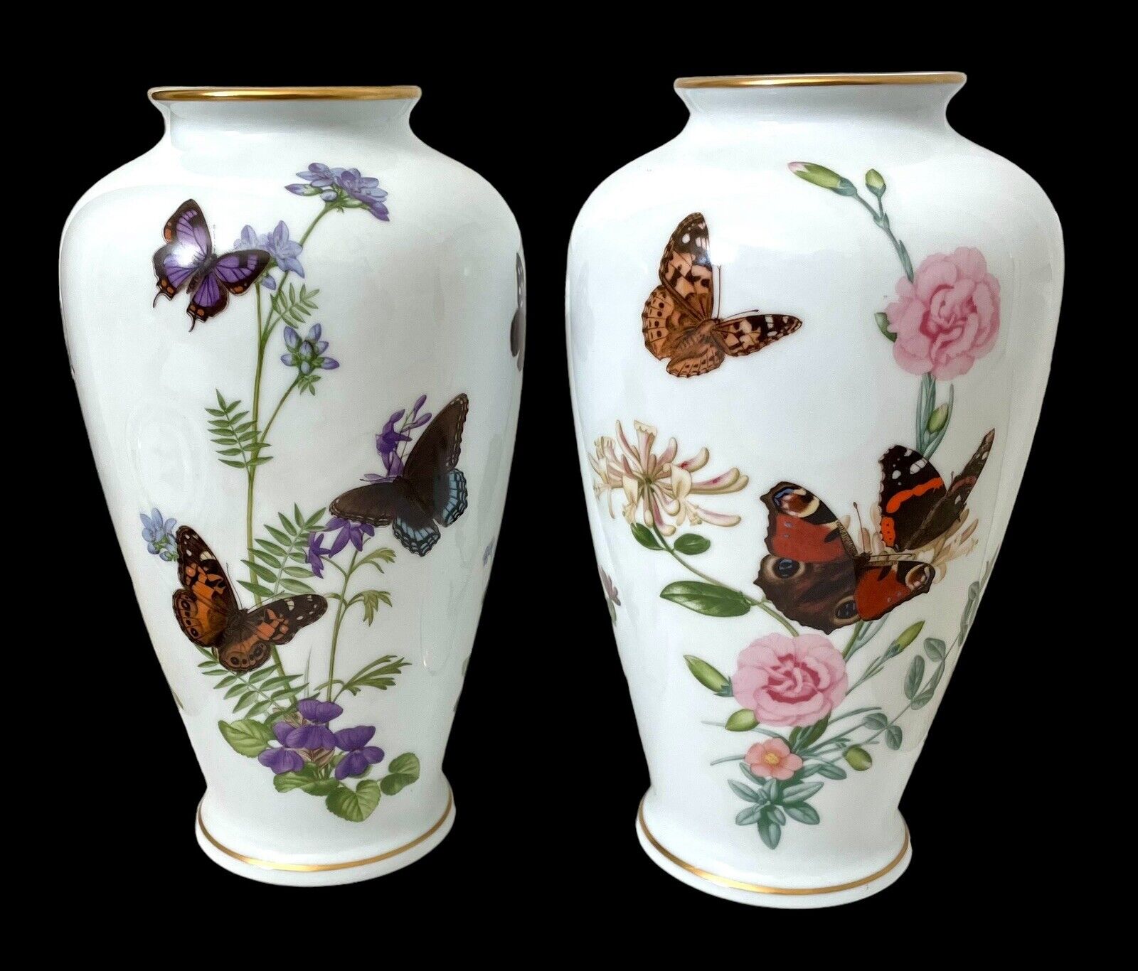 Franklin Porcelain The Meadowland  Butterfly Vase John Wilkinson 1981. Set Of 2