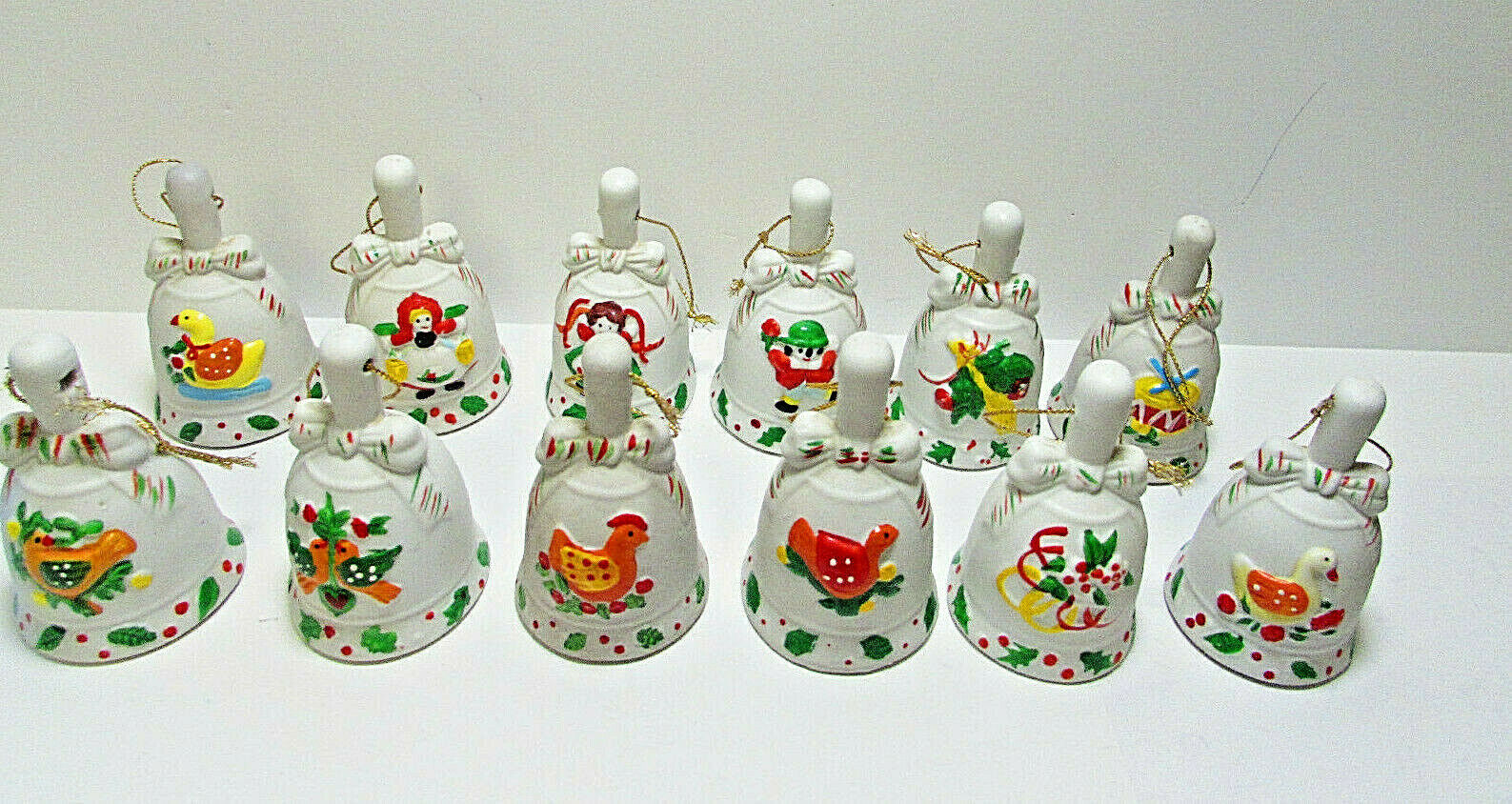  Vtg 12 Days of Christmas Miniature Ceramic Bells Taiwan 3\