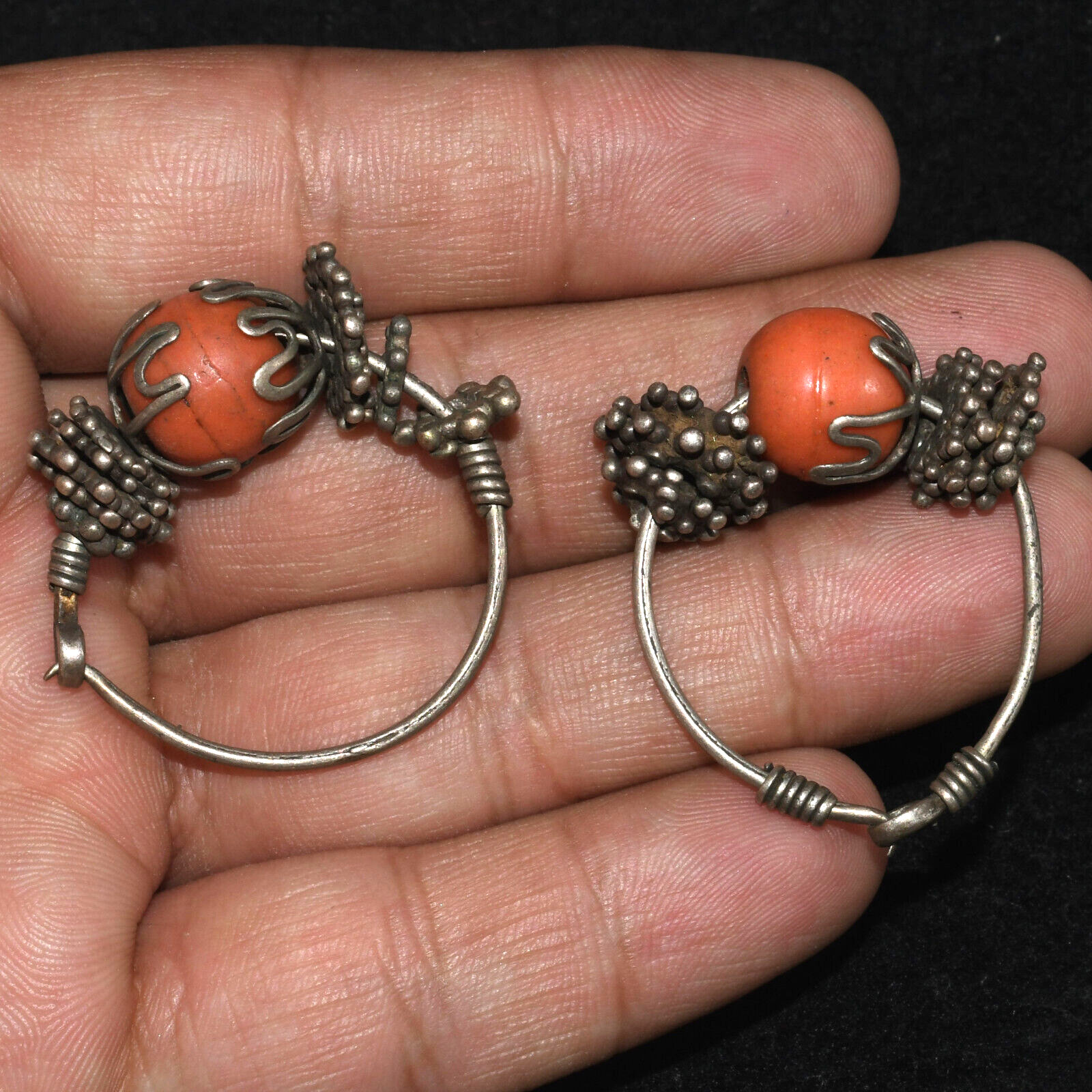 Pair of Genuine Antique Old Uzbek Bukhari Tribal Silver Earring with Coral Beads