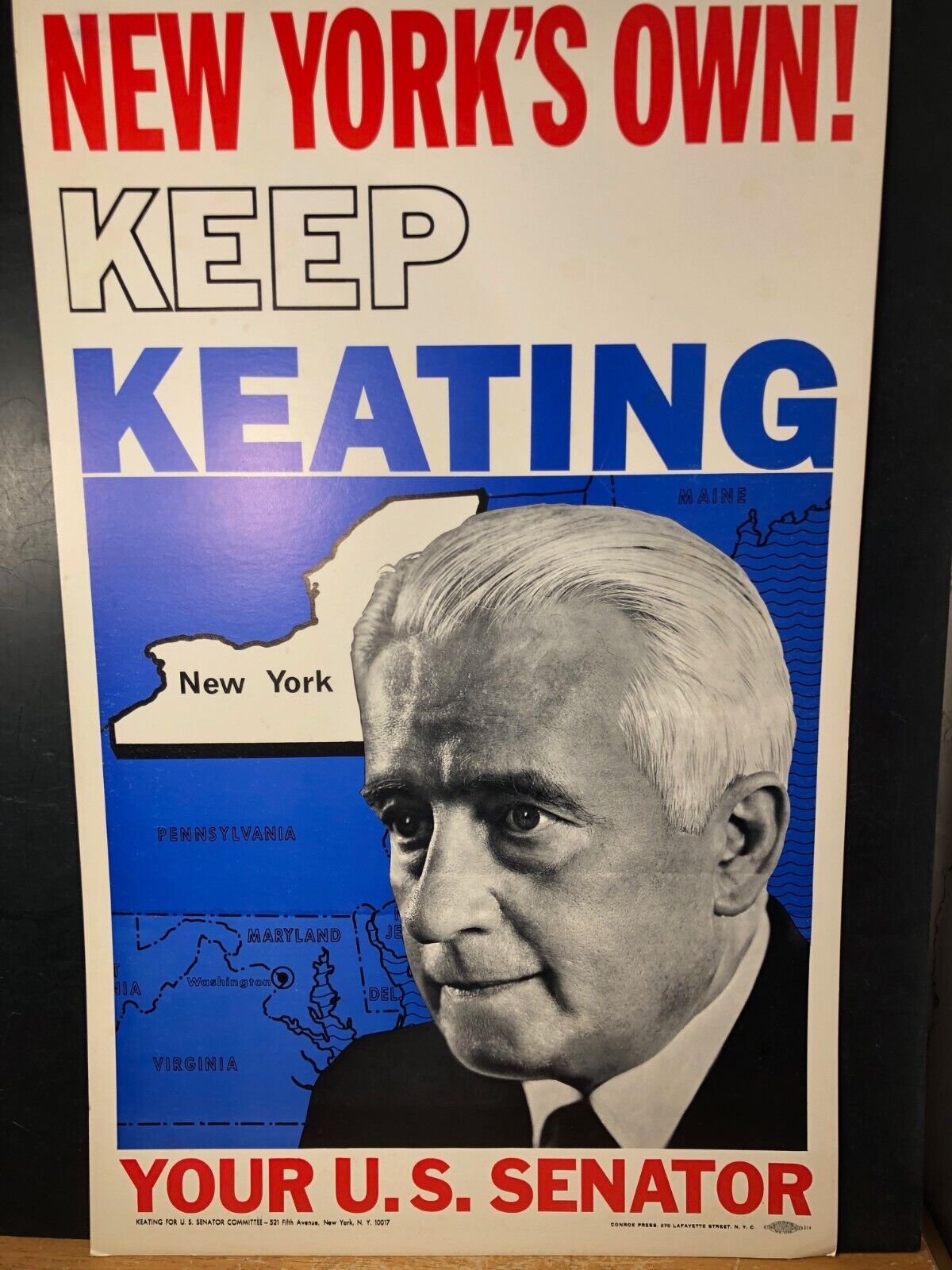 Vintage Ken Keating Political Campaign Poster Republican Senator, NY - 1964