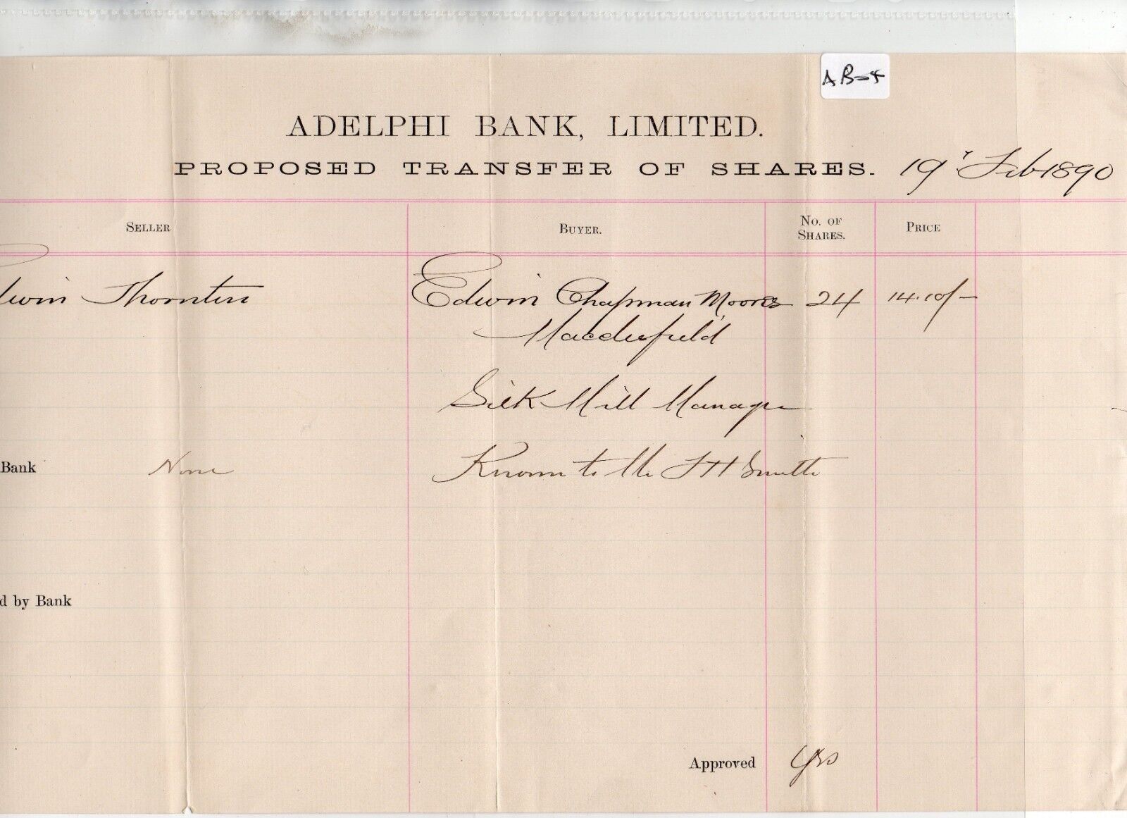 Adelphi Bank - (AB04 ) proposed  share transfer -  Feb. 1890