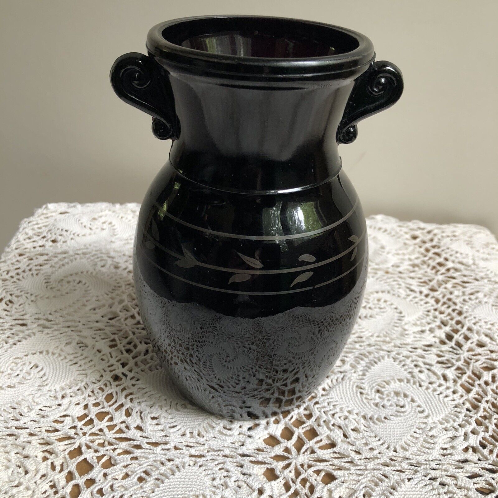 Black Amethyst glass vase Antique? VTGWith Silver Overlay Leaf Design