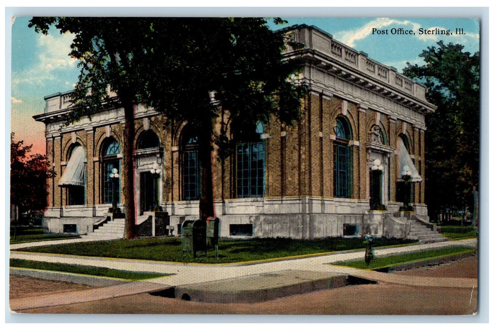 Sterling Illinois IL Postcard Post Office Exterior Roadside Scene c1910's Trees