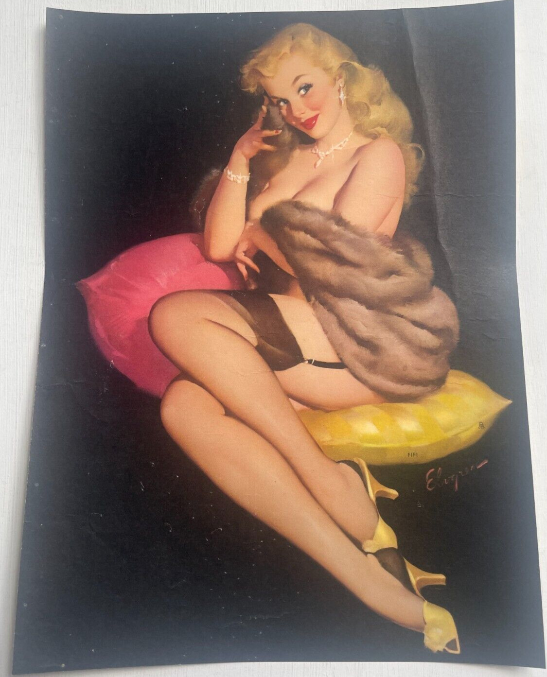 Vintage 1940s Pinup Girl  Picture by Elvgren- Blond w/ Fur and Neckless Only