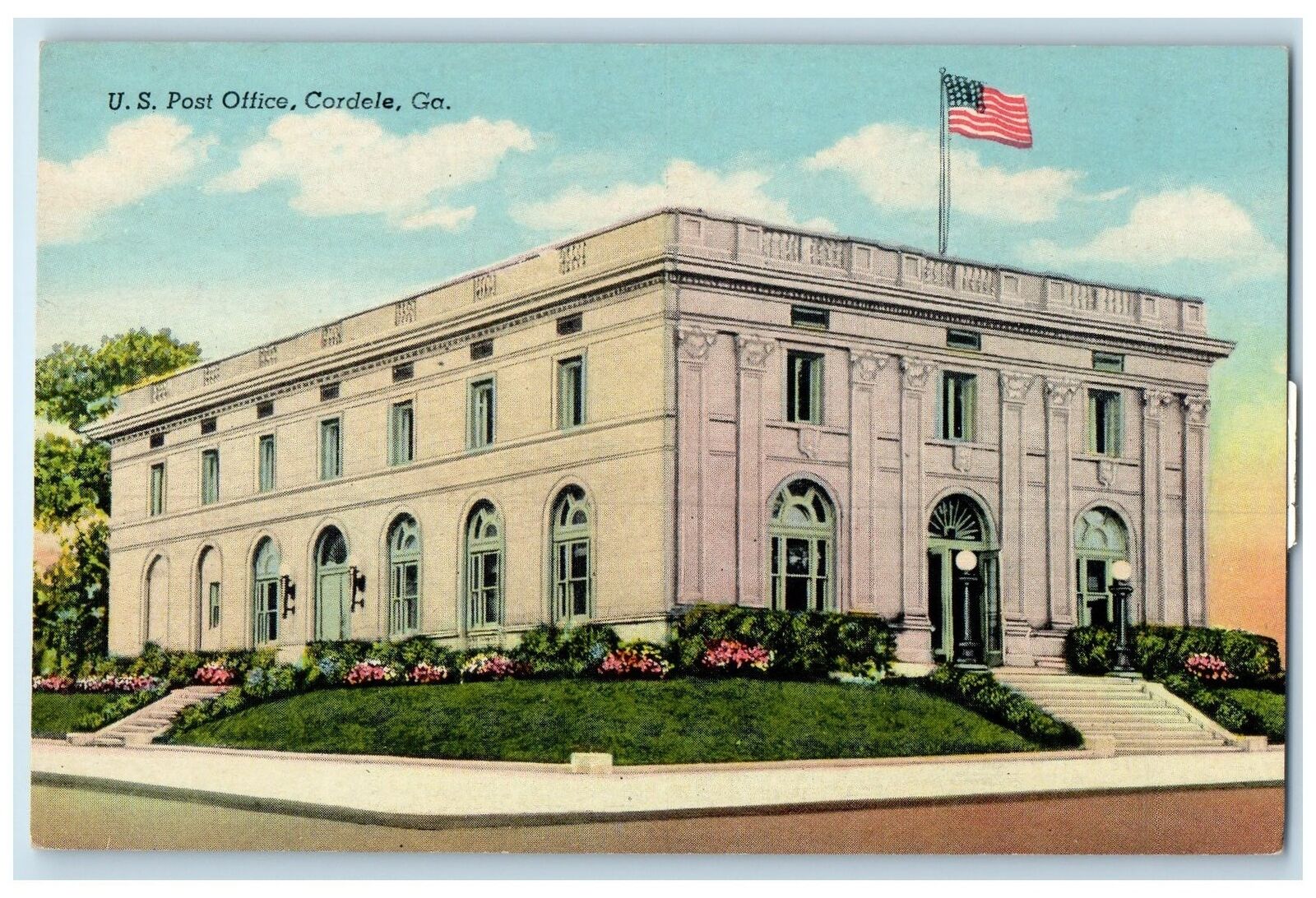 c1950's US Post Office Building Stairs Entrance US Flag Cordele Georgia Postcard