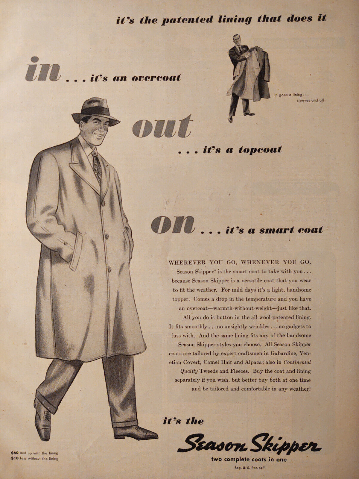 1947 Original Esquire Art Ad Advertisement Season Skipper Coats