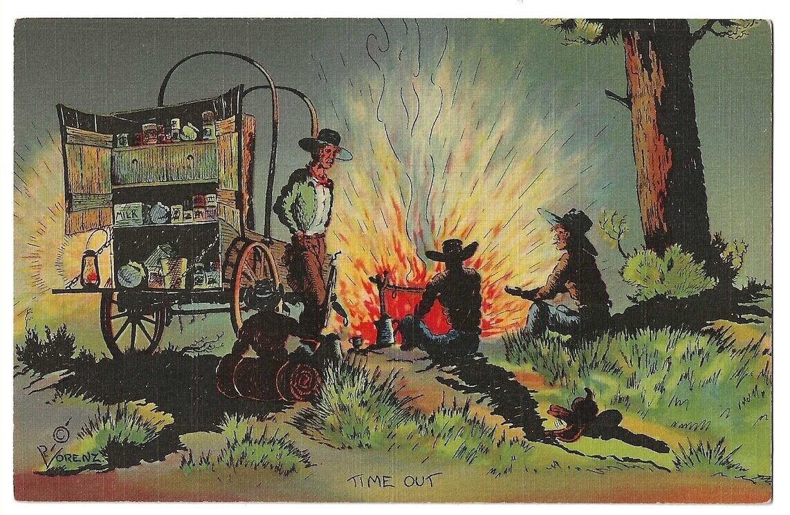 Cowboy Campfire, Chuck Wagon c1940\'s Vorenz signed, \