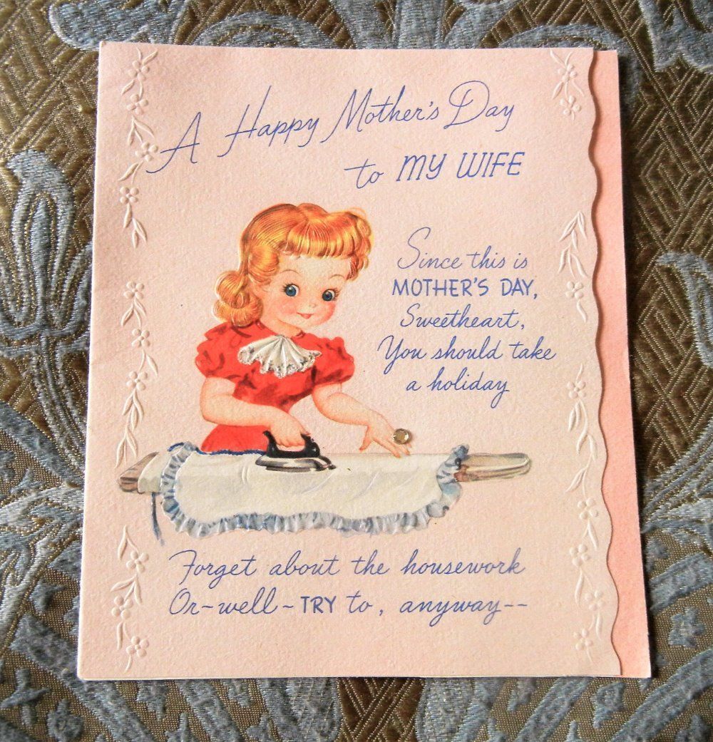 VTG 1948 Mother\'s Day American Greetings Card - Housework, Rhinestone Used/Dated