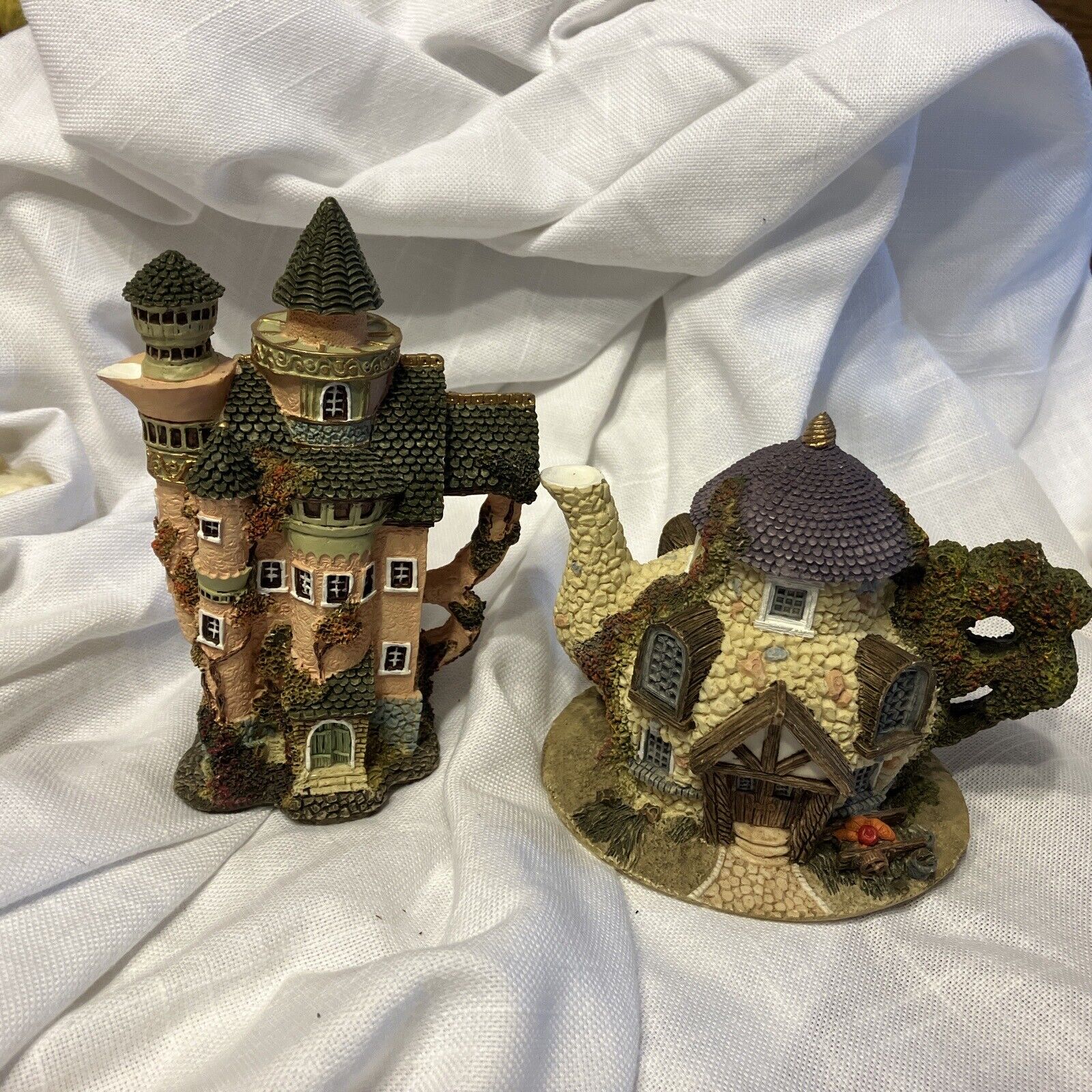 2-Cottage House Figure- Teapot Shaped Unique Shape 4” & 5 1/2”
