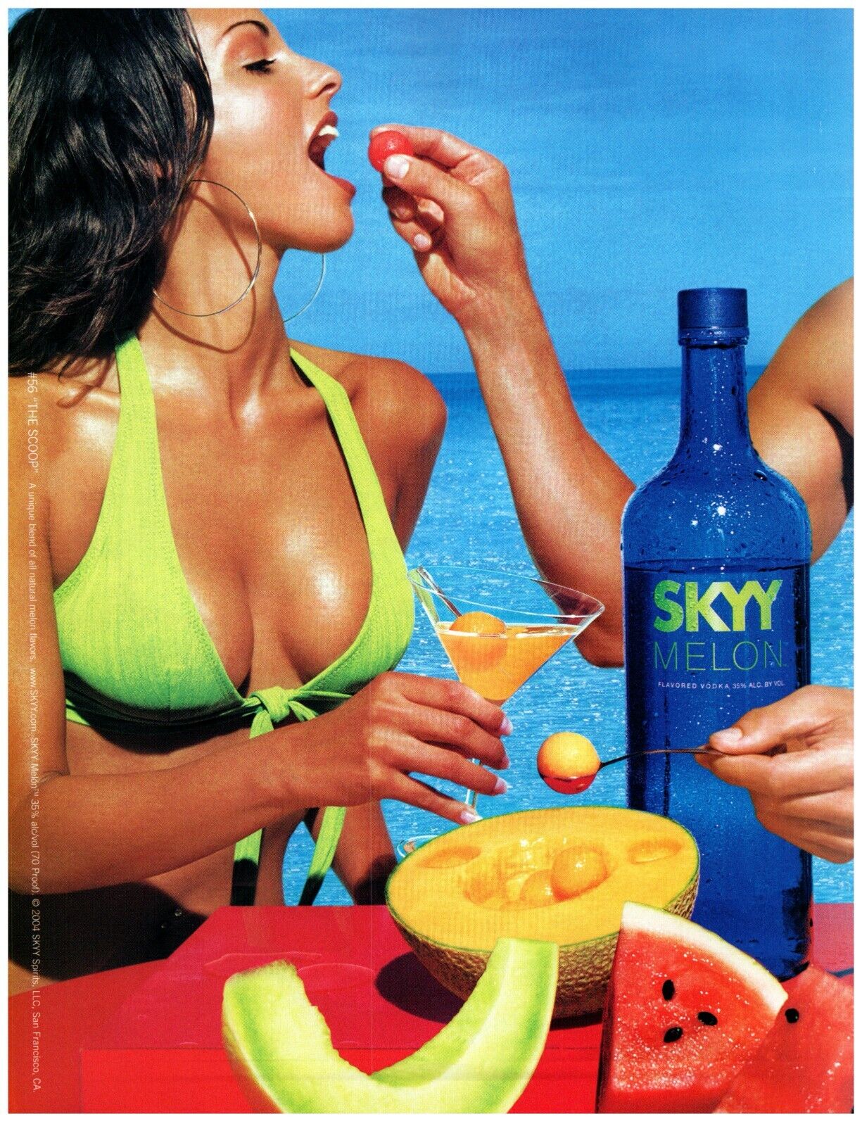 2004 Skyy Melon Vodka Print Ad, #56 The Scoop Bikini Cleavage Cocktail Ocean Fun