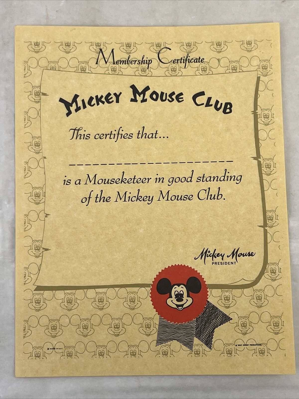 1970s VINTAGE DISNEY MICKEY MOUSE CLUB HONORARY MOUSEKETEER CERTIFICATE