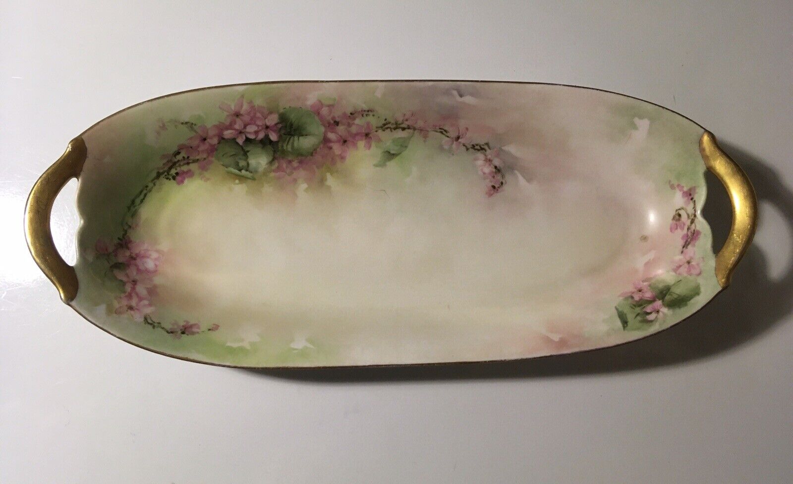 KPM Hand Painted Porcelain Vanity Tray Pink Floral Green Gold Trim c. 1903 Antiq