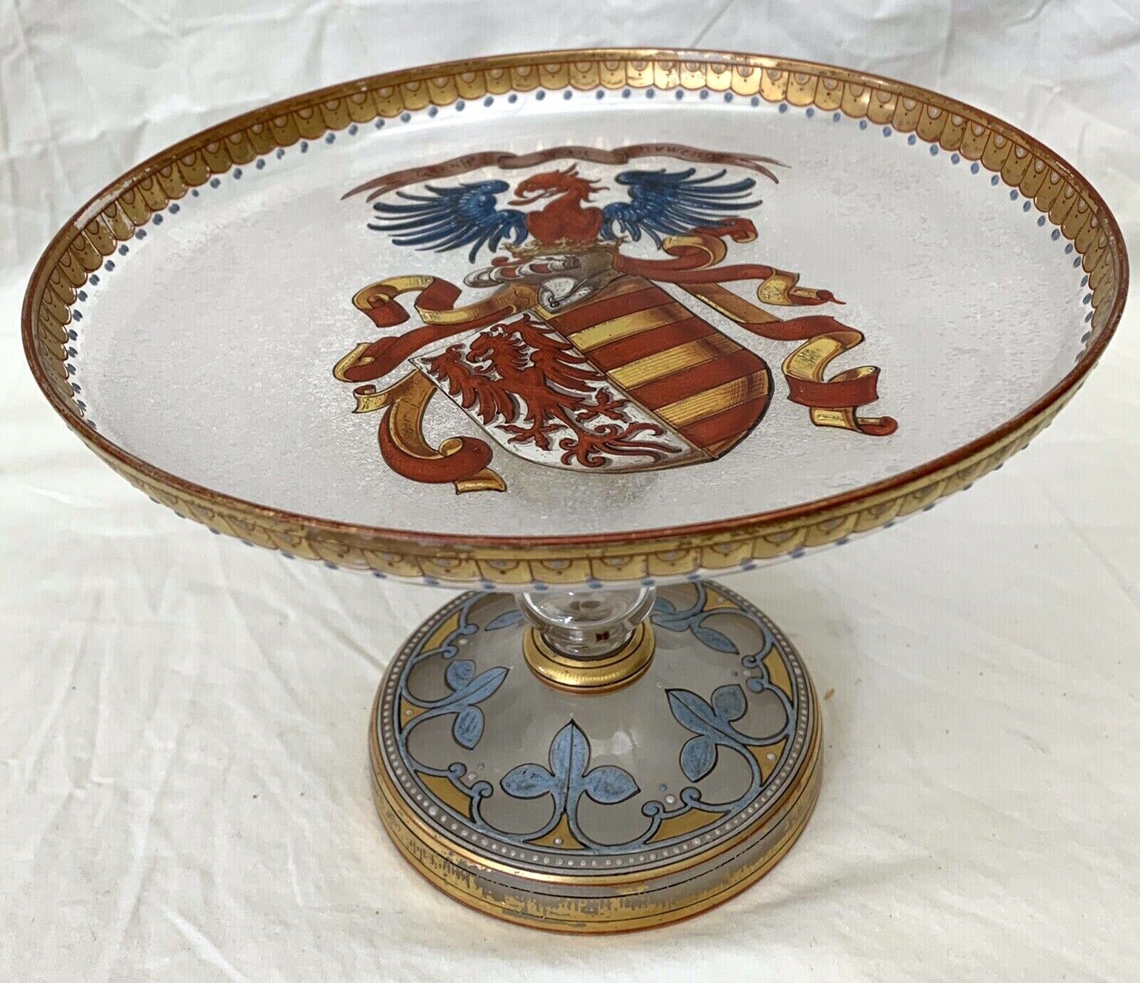 AN IMPORTANT FINE HAND PAINTED ENAMEL ON PEDESTAL GLASS DISH CIRCA 1700