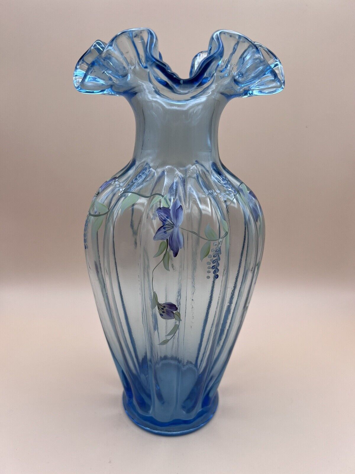 Vintage Fenton Blue Melon Vase. Beautifully Hand Painted.