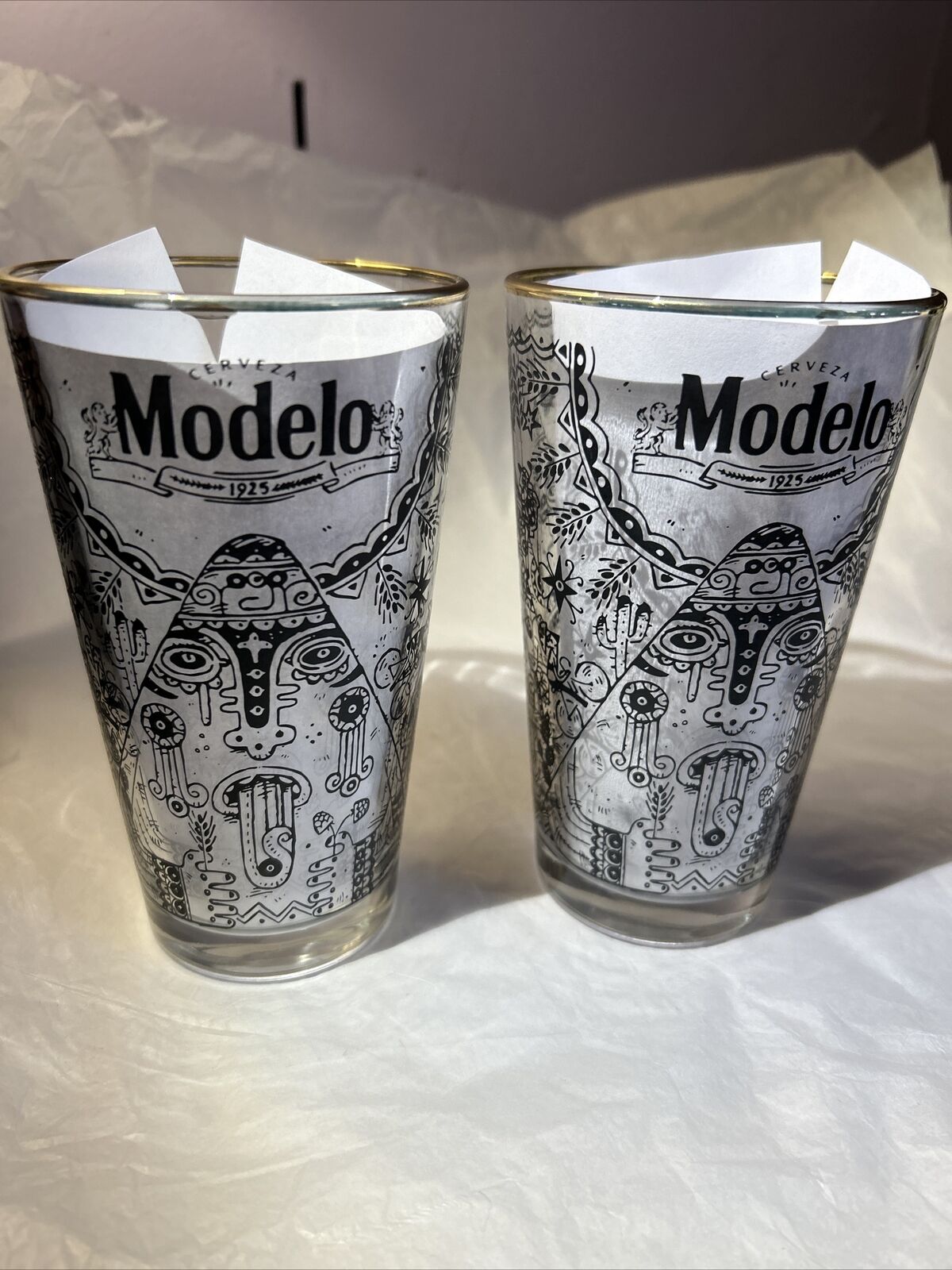 MODELO CERVEZA LIMITED EDITION BEER PINT GLASS PAIR LOT 2 AZTEC Pyramids NEW