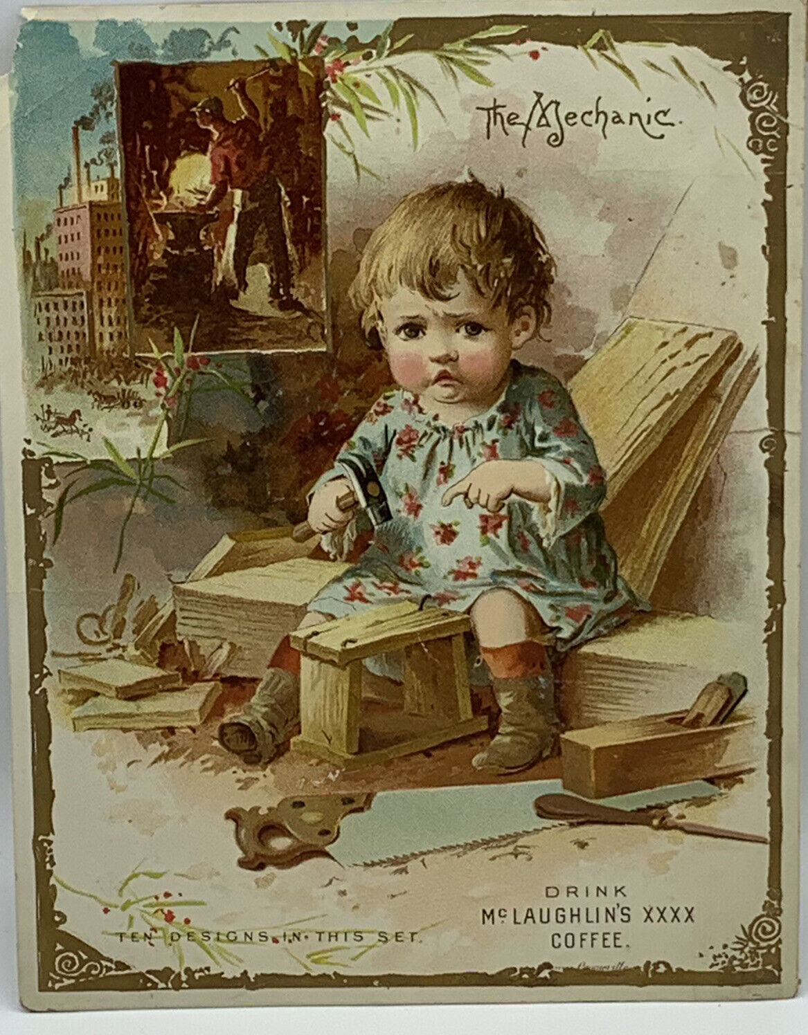 Antique Drink McLaughlin\'s Coffee-The-Mechanic Trade Card~Chicago 19th Century