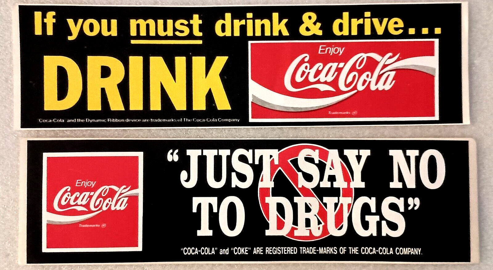 2 Vtg 1980s Coca-Cola Coke Don\'t Drink & Drive No Drugs Bumper Sticker New NOS