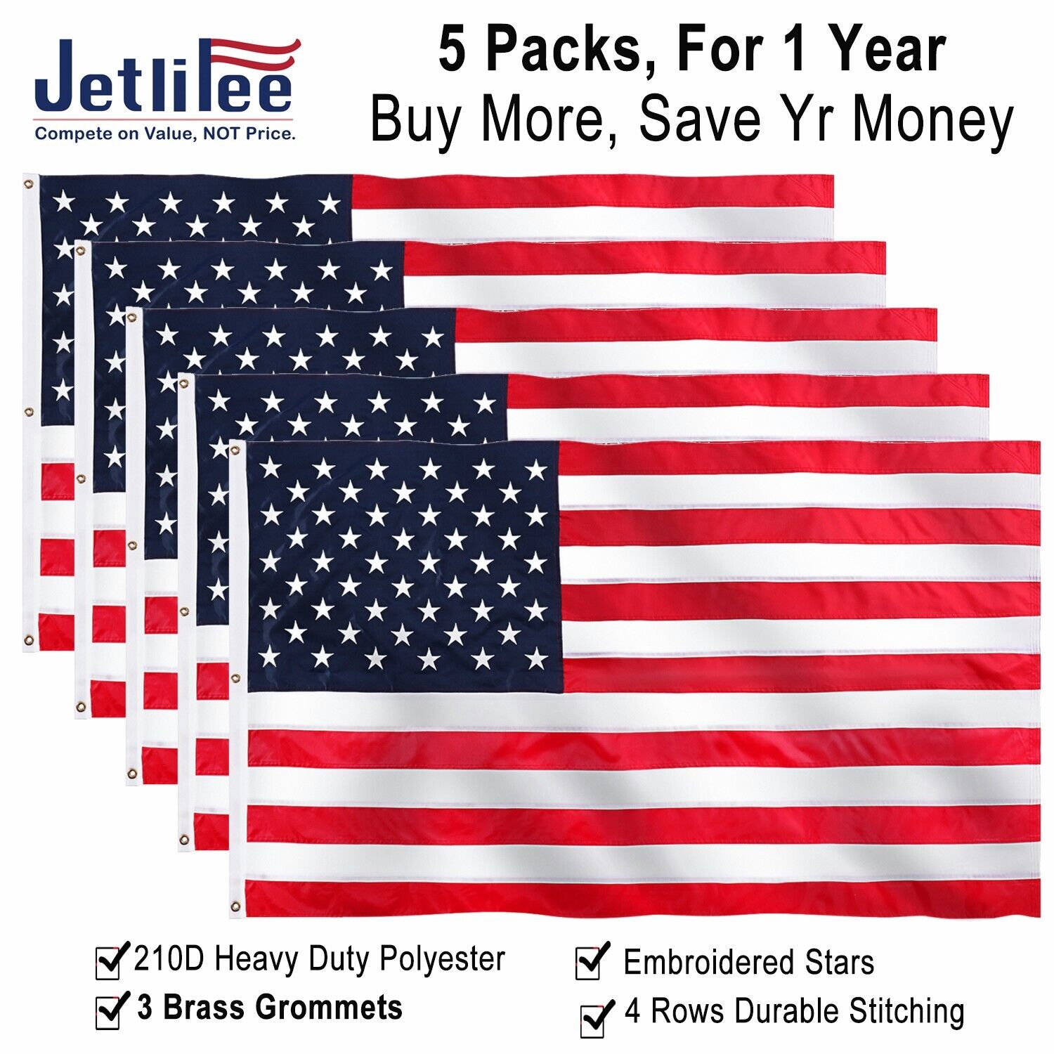 Jetlifee 5 Packs 5x8 FT American US Flag Banner Heavy Duty 210D Embroidered