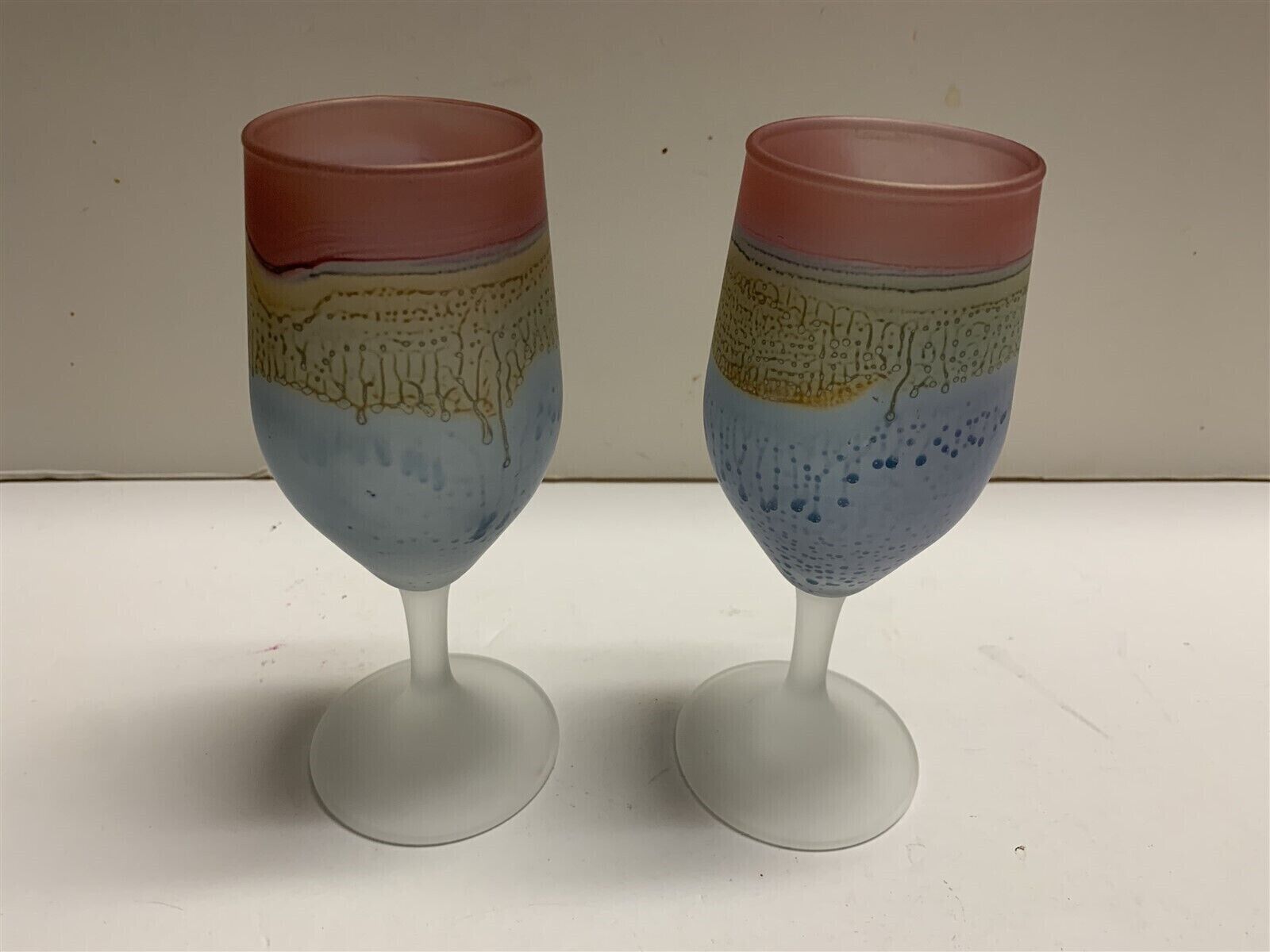 Pair (2) Watercolor Art Nouveau Wine Glasses Rueven 