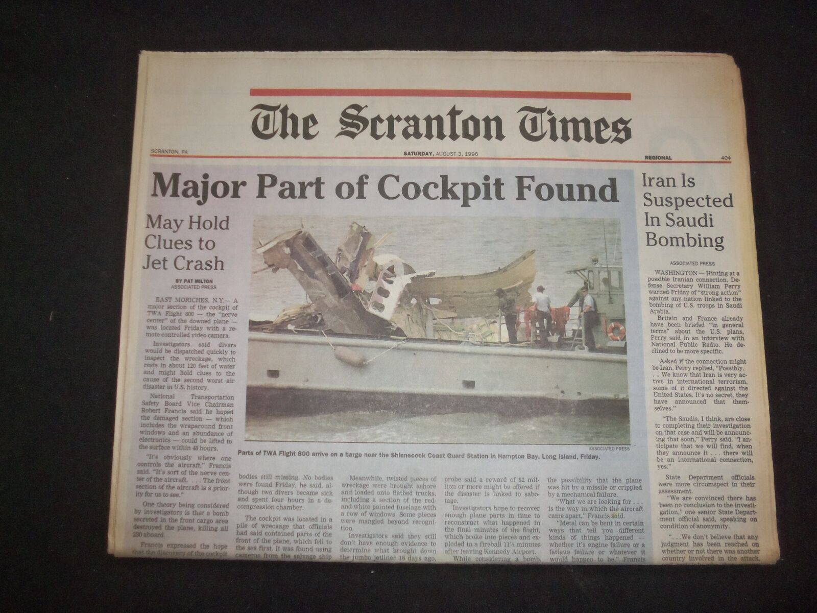 1996 AUG 3 THE SCRANTON TIMES NEWSPAPER - COCKPIT OF FLIGHT 800 FOUND - NP 8355