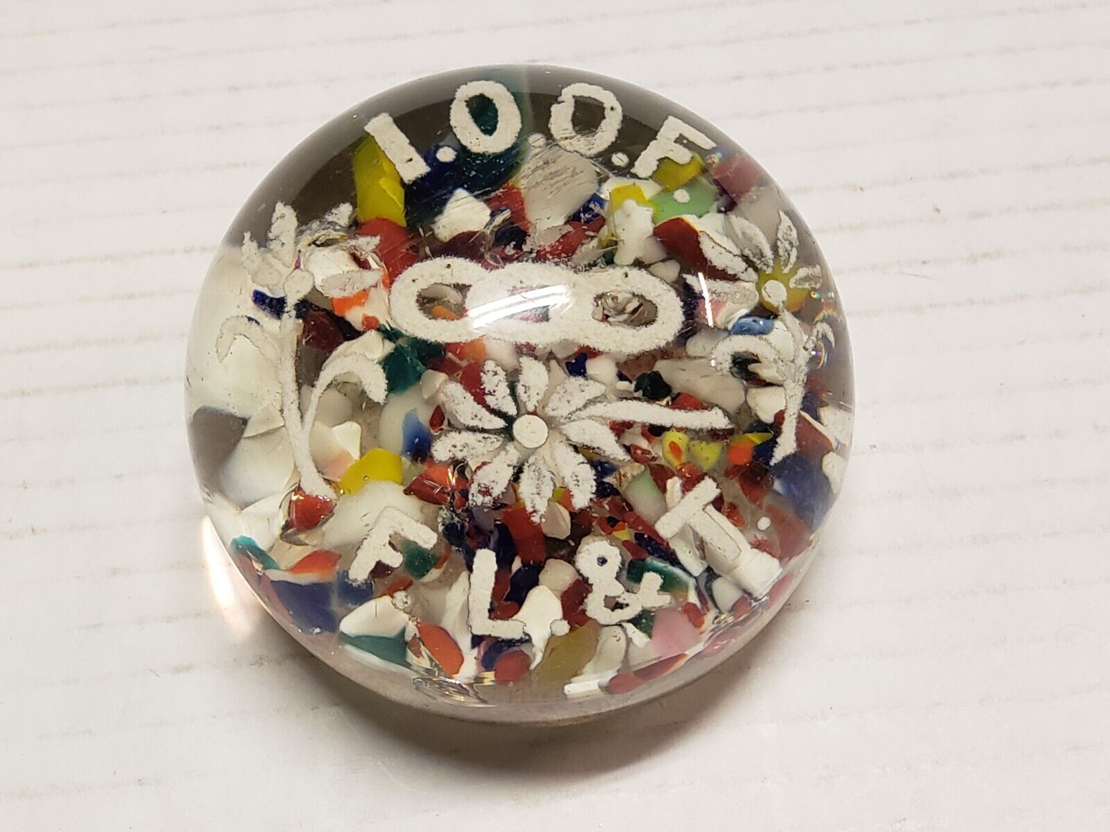 Vtg. 1900\'s Antique Glass Colorful Paperweight I.O.O.F F.L.&T.