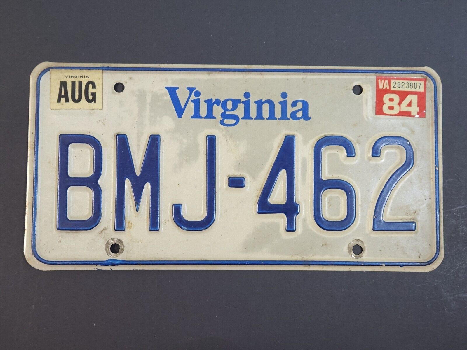 Vintage 1984 Virginia License Plate (BMJ-462) Expired August 1984