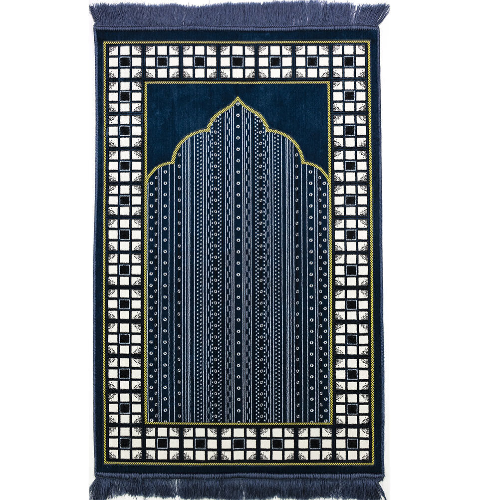 Modefa Islamic Turkish  Plush Velvet Prayer Rug Sajjadah Vined Arch - Blue