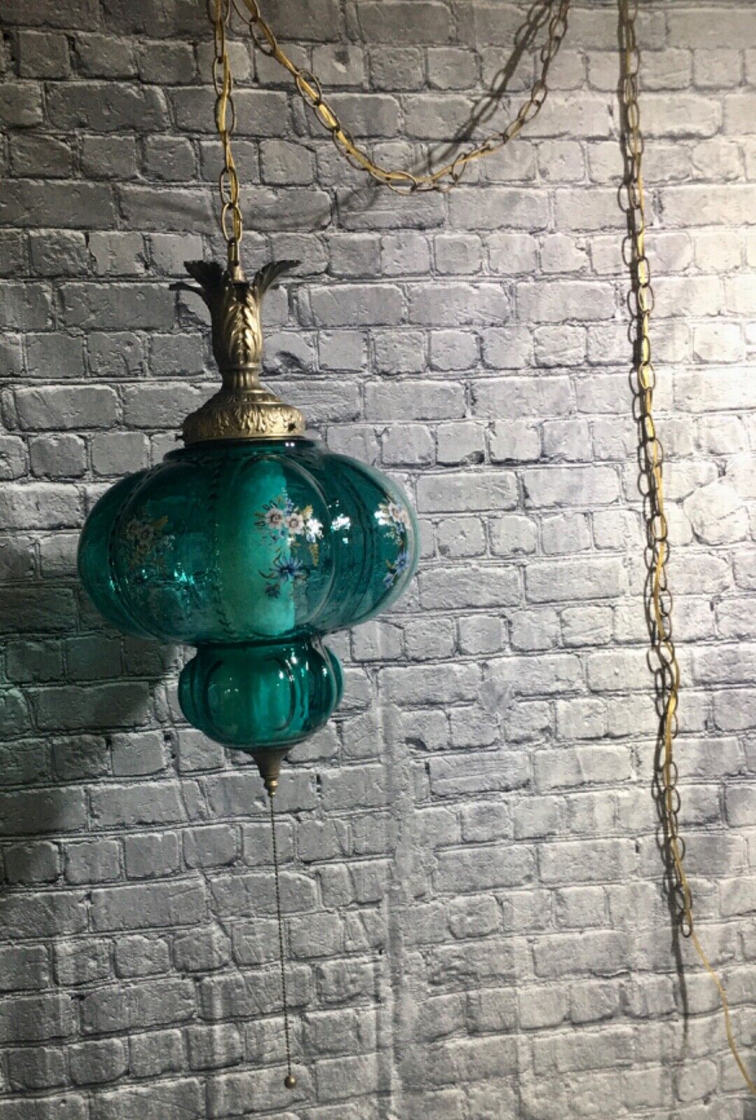 Vtg MCM Retro Falkenstein Teal Bubble Glass Swag Light Fixture Lamp