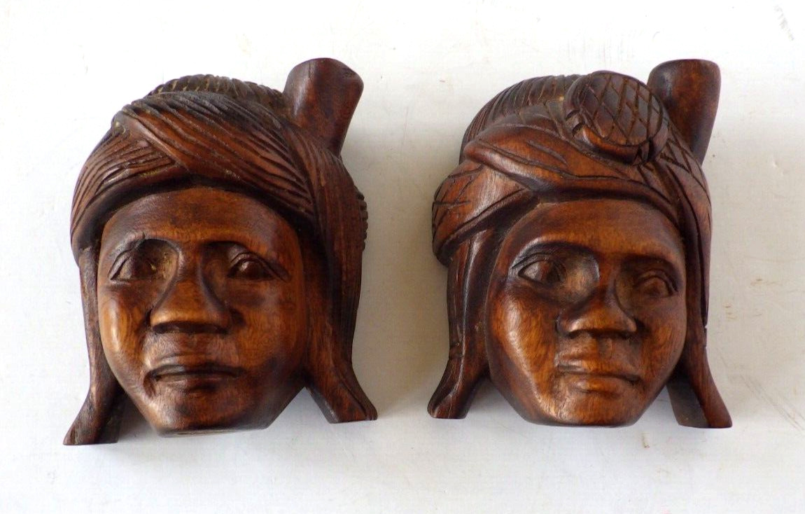 Vintage Hand Carved Wooden Tribal Face Art Wall Décor or Free Standing Set of 2