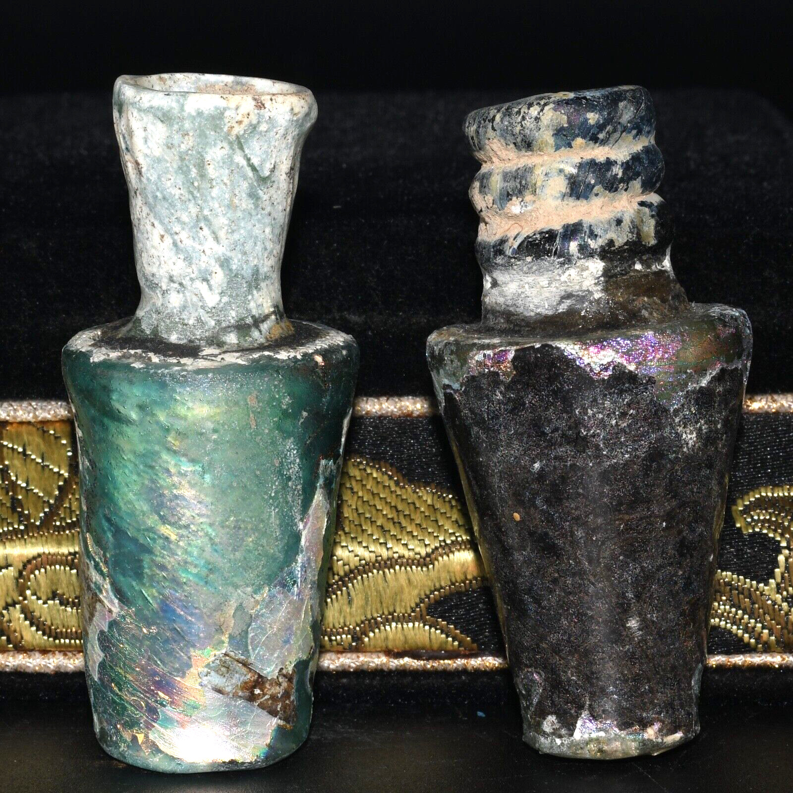 2 Genuine Ancient Roman Glass Bottle Vials With Iridescent Patina 1st Century AD