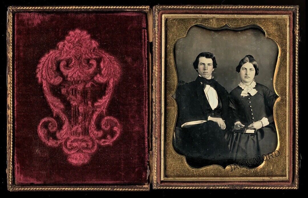 1/4 Daguerreotype Young Couple Holding Open Cased Photo Mourning / Memorial PIP