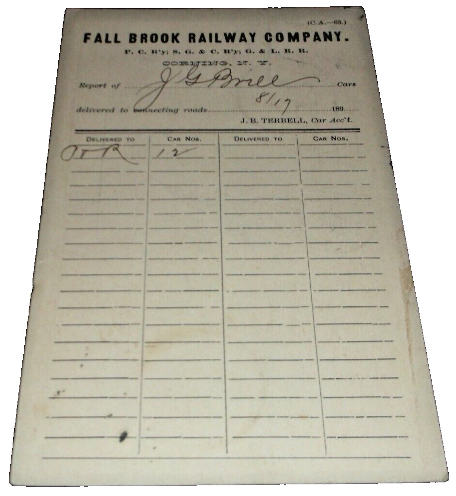 AUGUST 1895 FALL BROOK RAILWAY FREIGHT CAR DELIVERY NOTIFICATION POST CARD