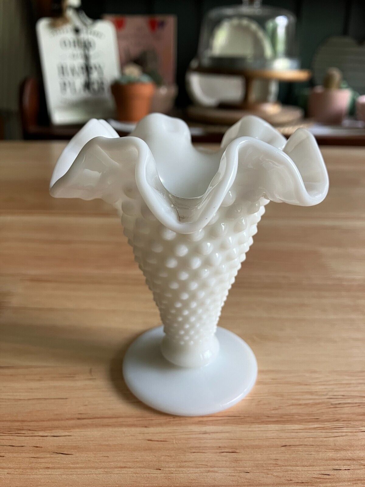 Vintage Fenton White Milk Glass Hobnail Ruffled Rim Small Trumpet Vase