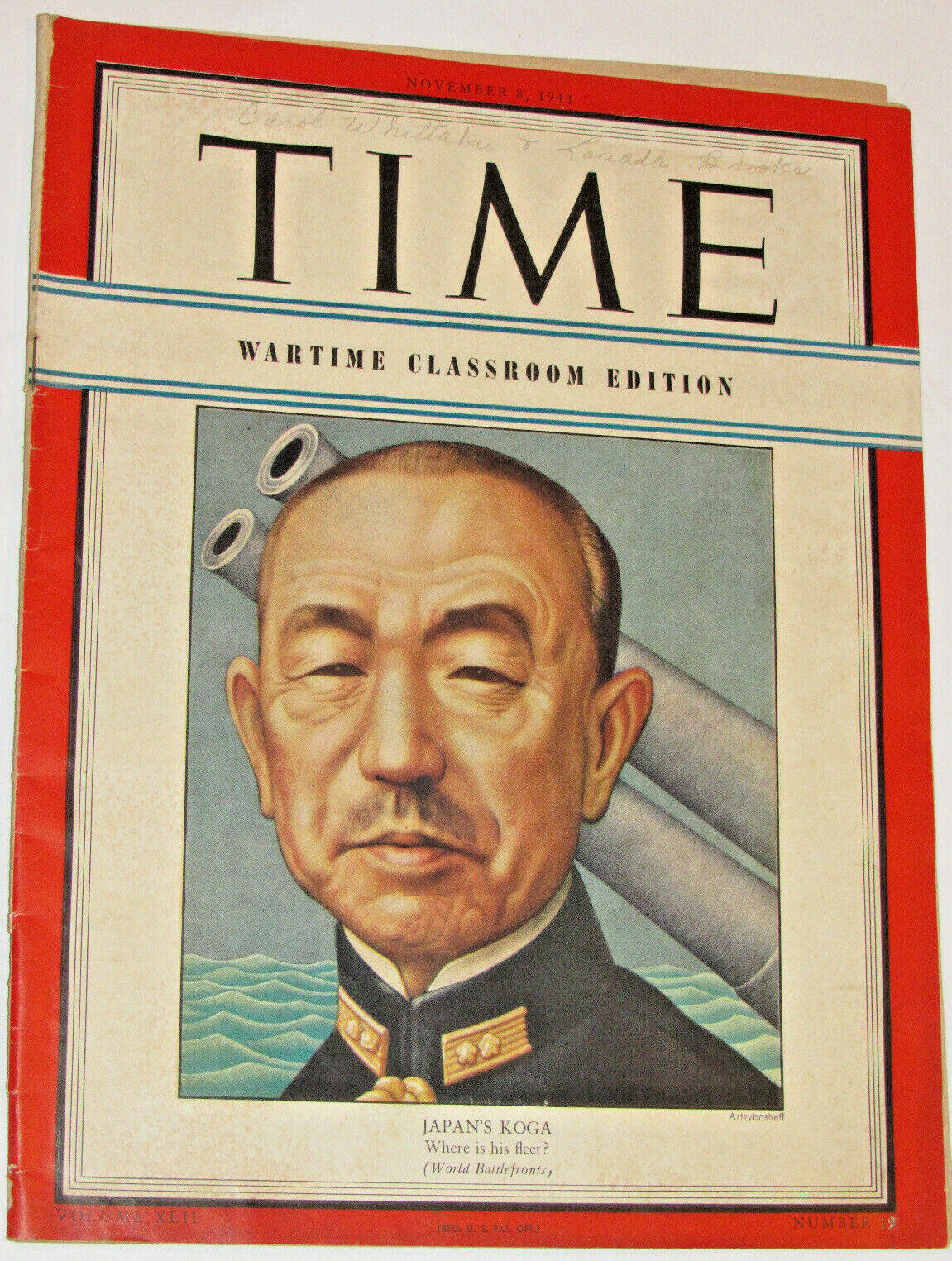VINTAGE WWII 1943 TIME MAGAZINE JAPAN\'S KOGO COVER \'WARTIME CLASSROOM EDITION\'