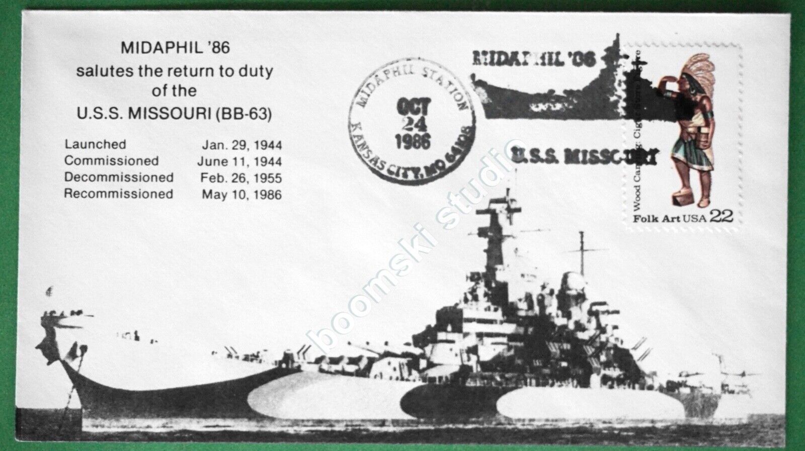USS MISSOURI BB-63 special postmark dated 1986 (CAN-91)
