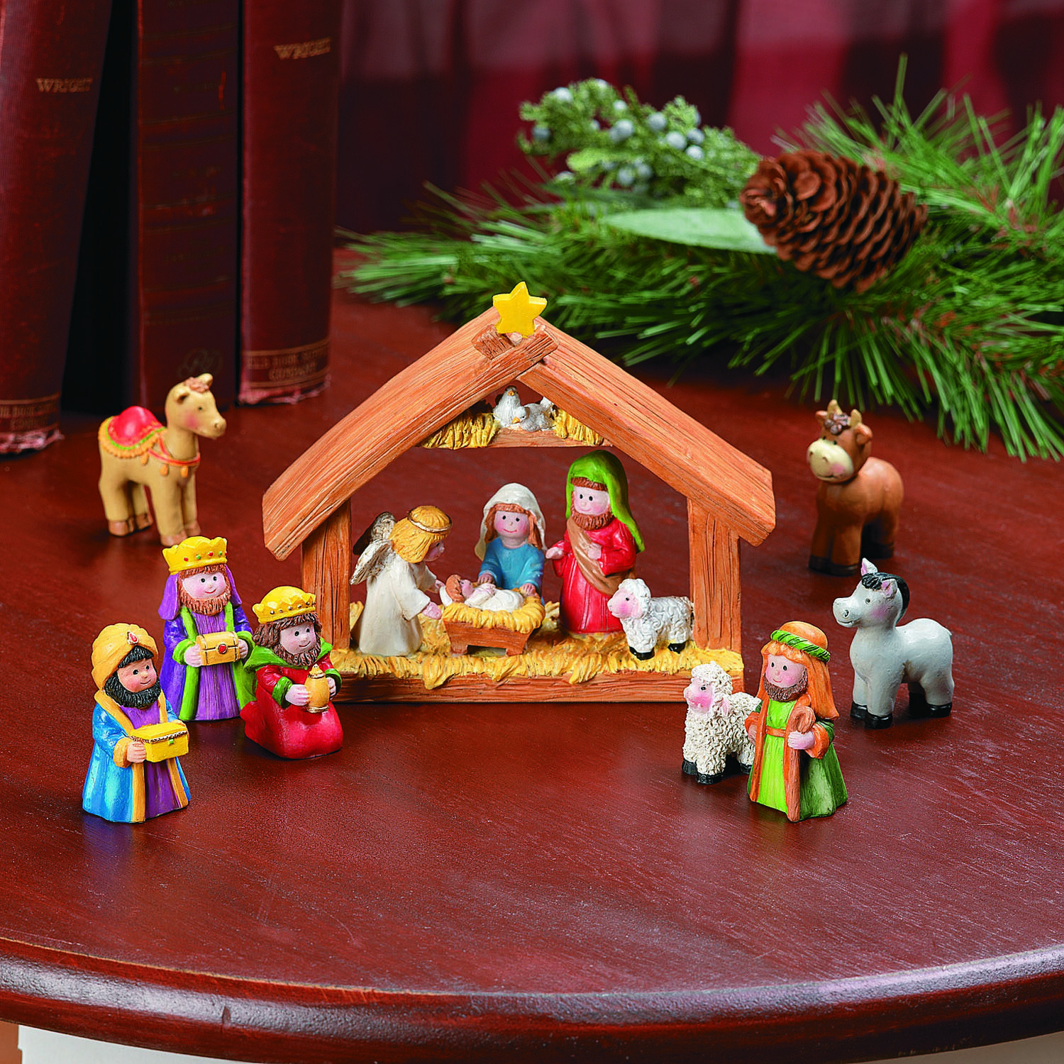 Mini Christmas Nativity Set, 9 Piece Set includes Manger and 8 Figurines