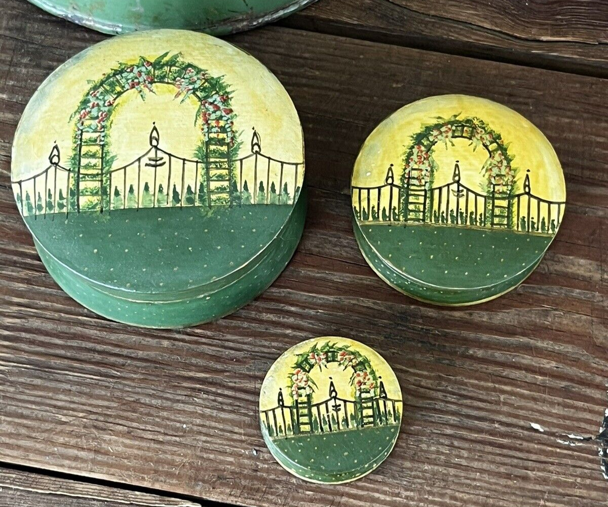 3 Round Hand Painted Nesting Wood Trinket Boxes Arbor Green Floral Garden Arch